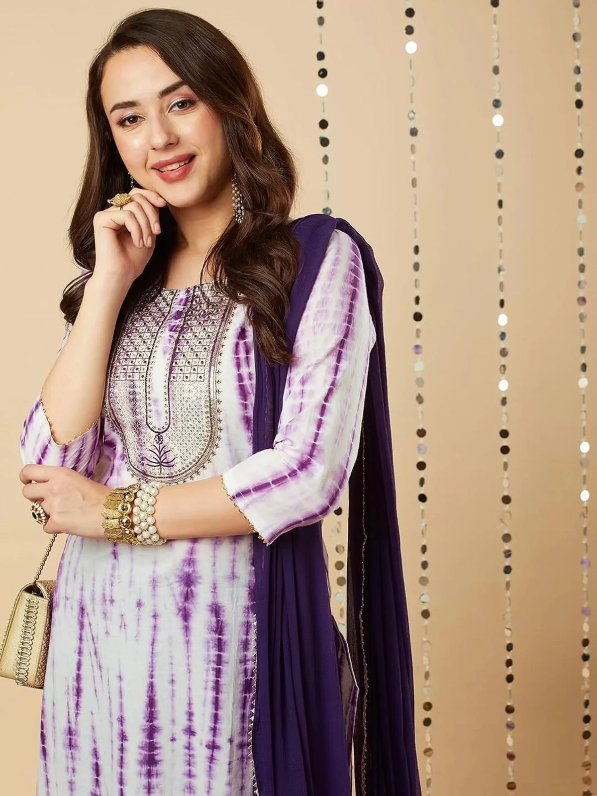 Odette Purple Printed Viscose Stitched Kurta Set For Women - Image 5