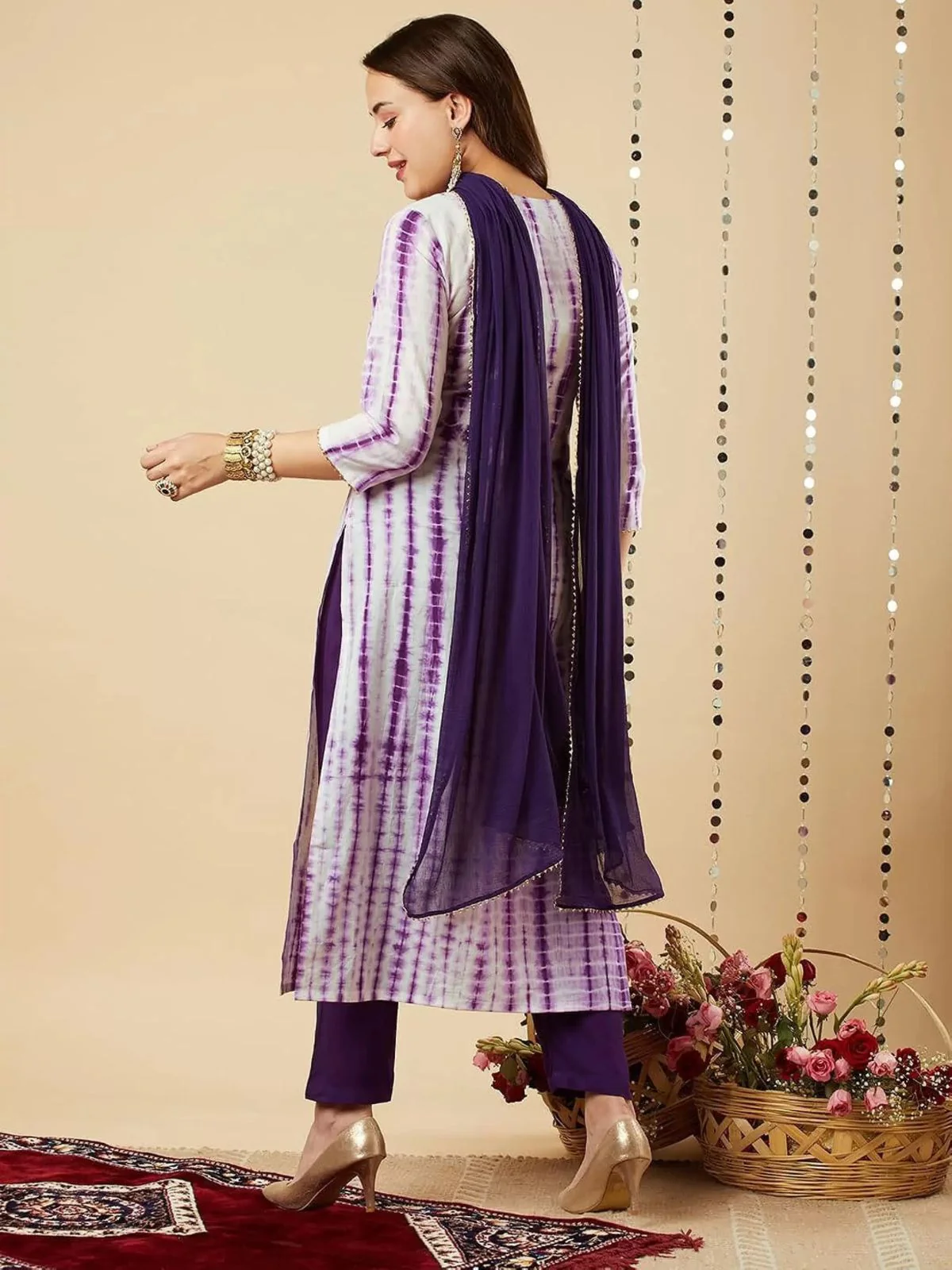 Odette Purple Printed Viscose Stitched Kurta Set For Women - Image 6