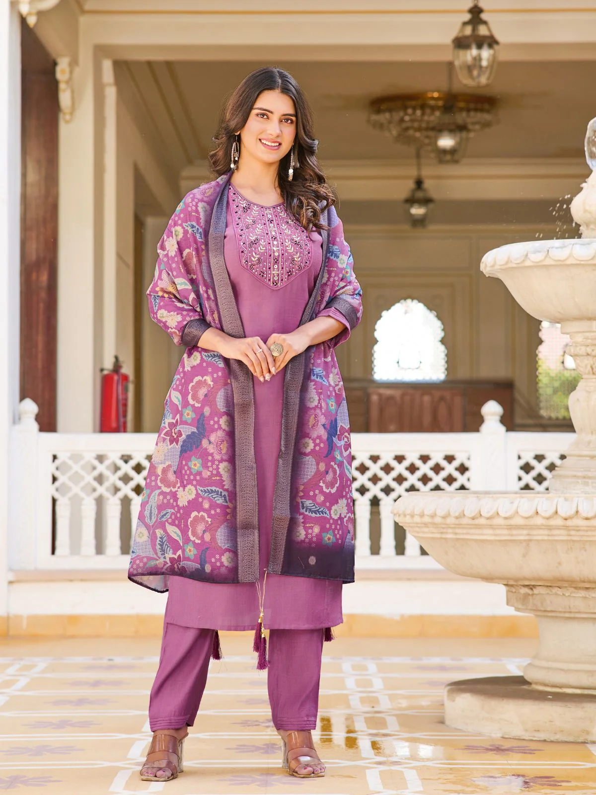 Odette Purple Rayon Embroidered Stitched Kurta Set For Women - Image 2