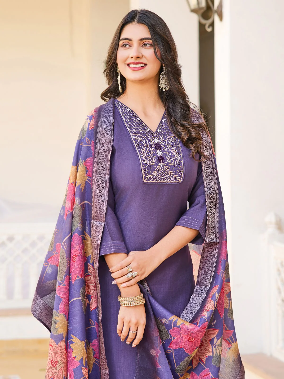 Odette Purple Rayon Embroidered Stitched Kurta Set For Women - Image 3