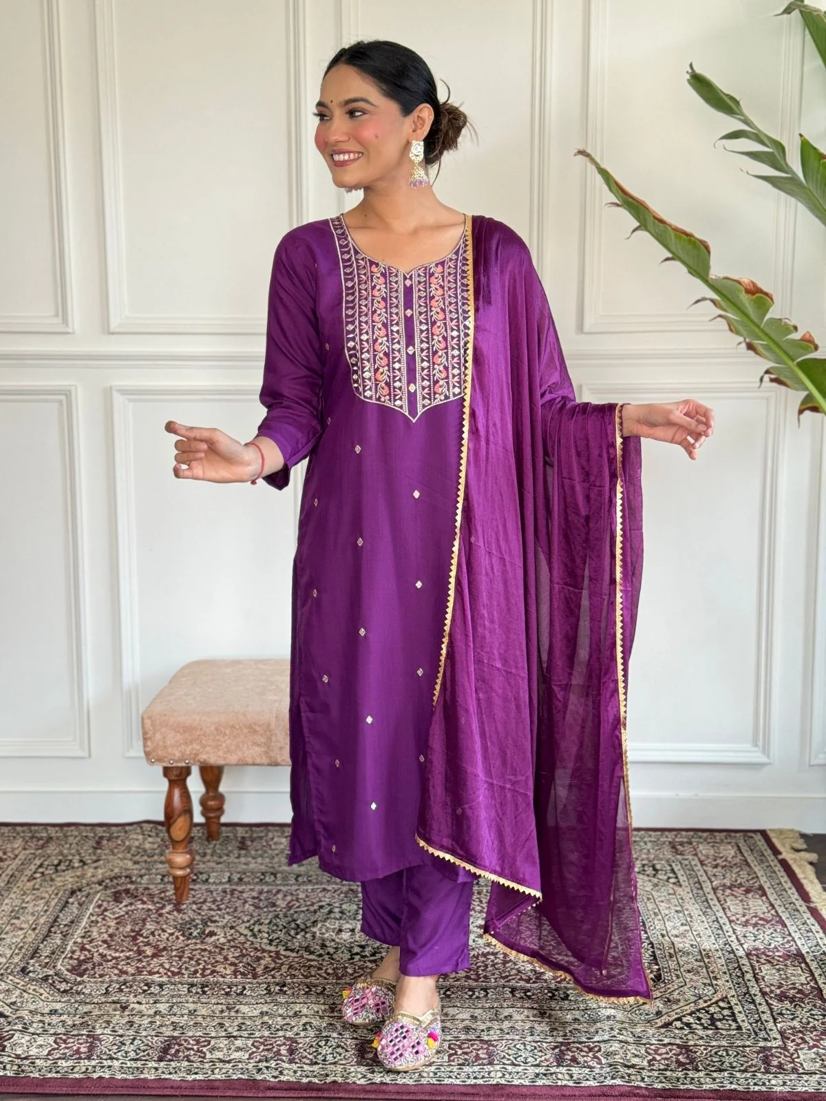 Odette Purple Rayon Embroidered Stitched Kurta Set For Women - Image 2