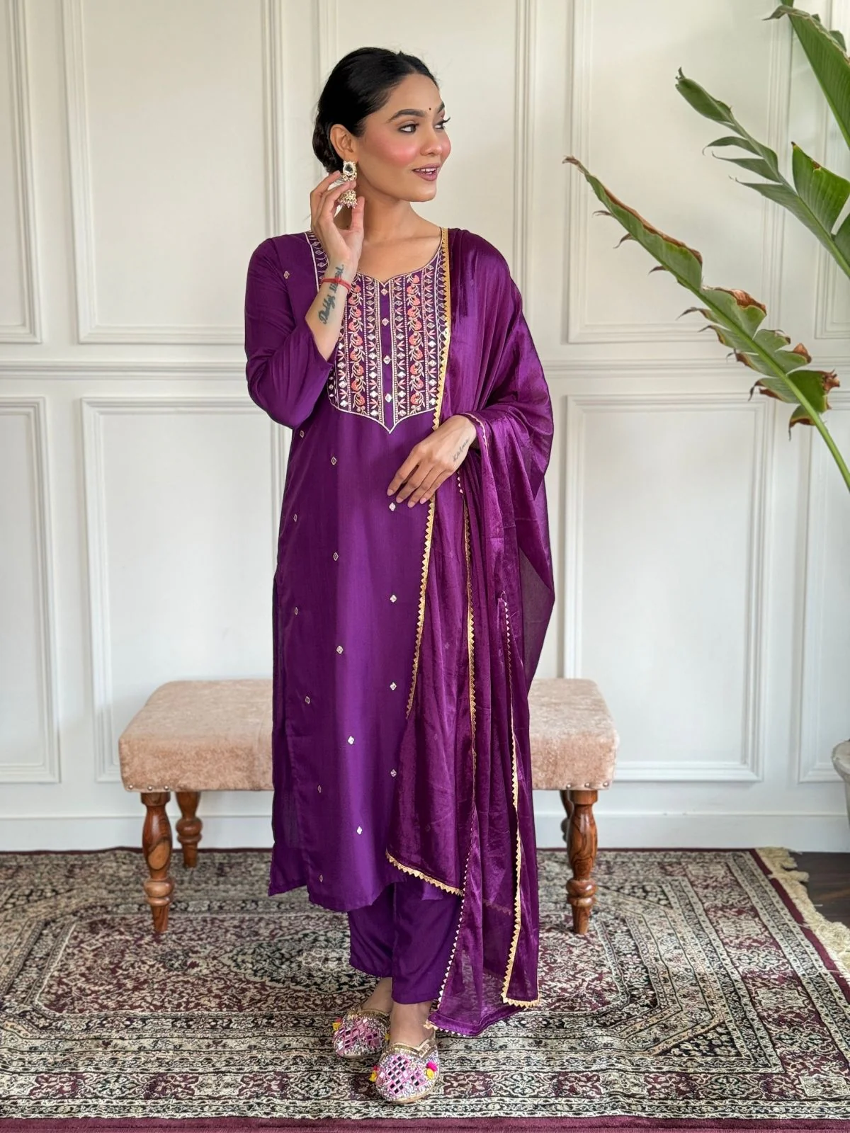 Odette Purple Rayon Embroidered Stitched Kurta Set For Women - Image 3