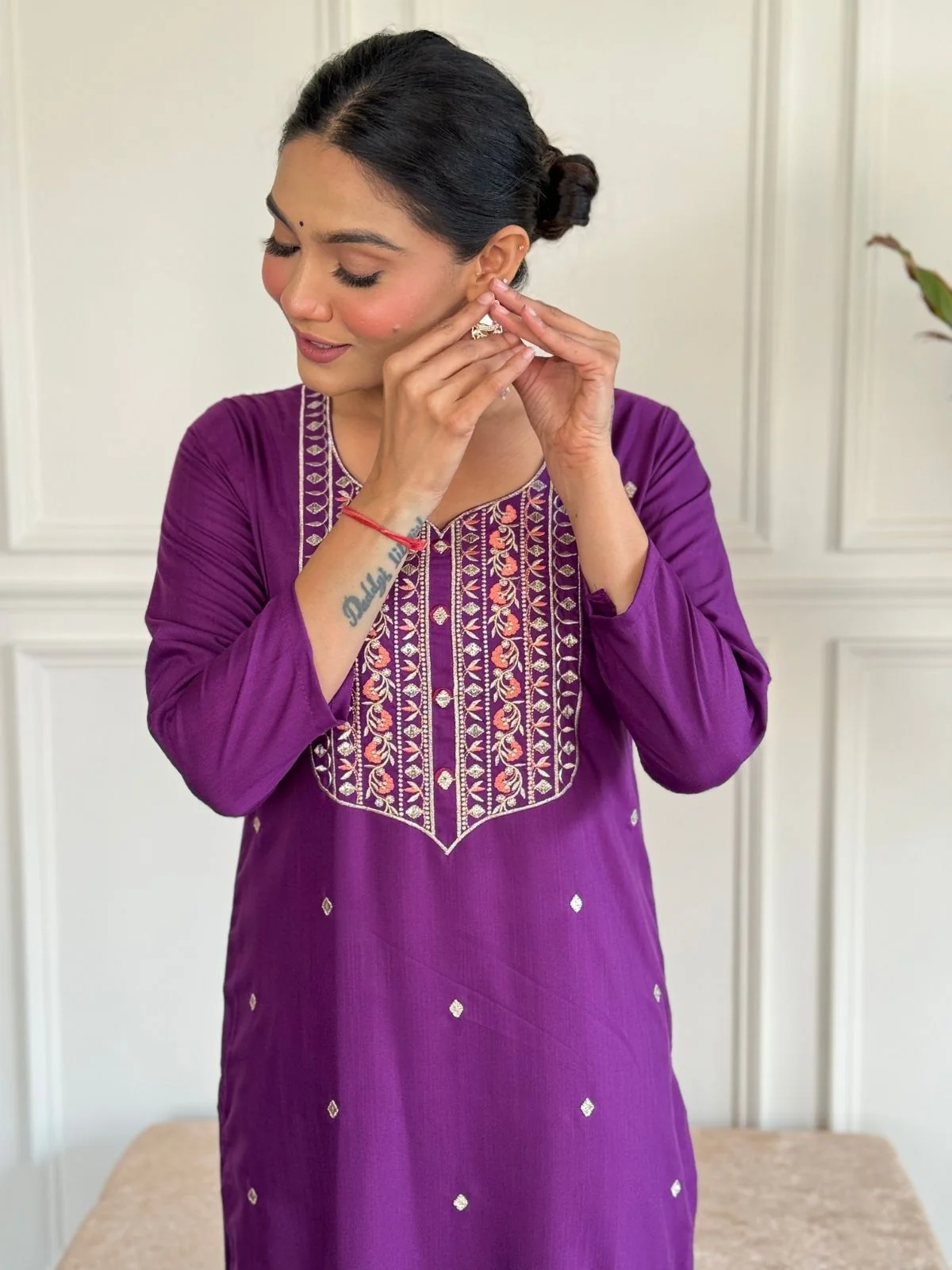 Odette Purple Rayon Embroidered Stitched Kurta Set For Women - Image 5