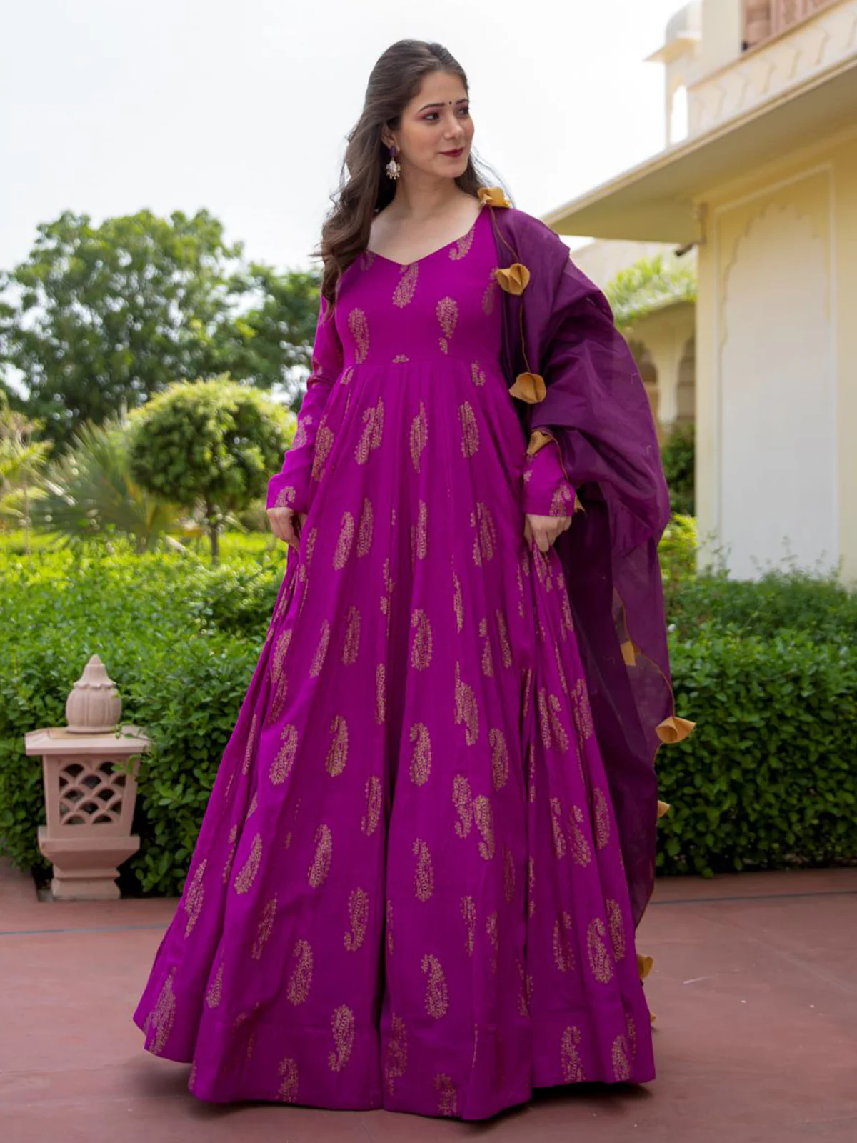 Odette Purple Rayon Gold Foil Work Gown with Dupatta for Women - Image 2