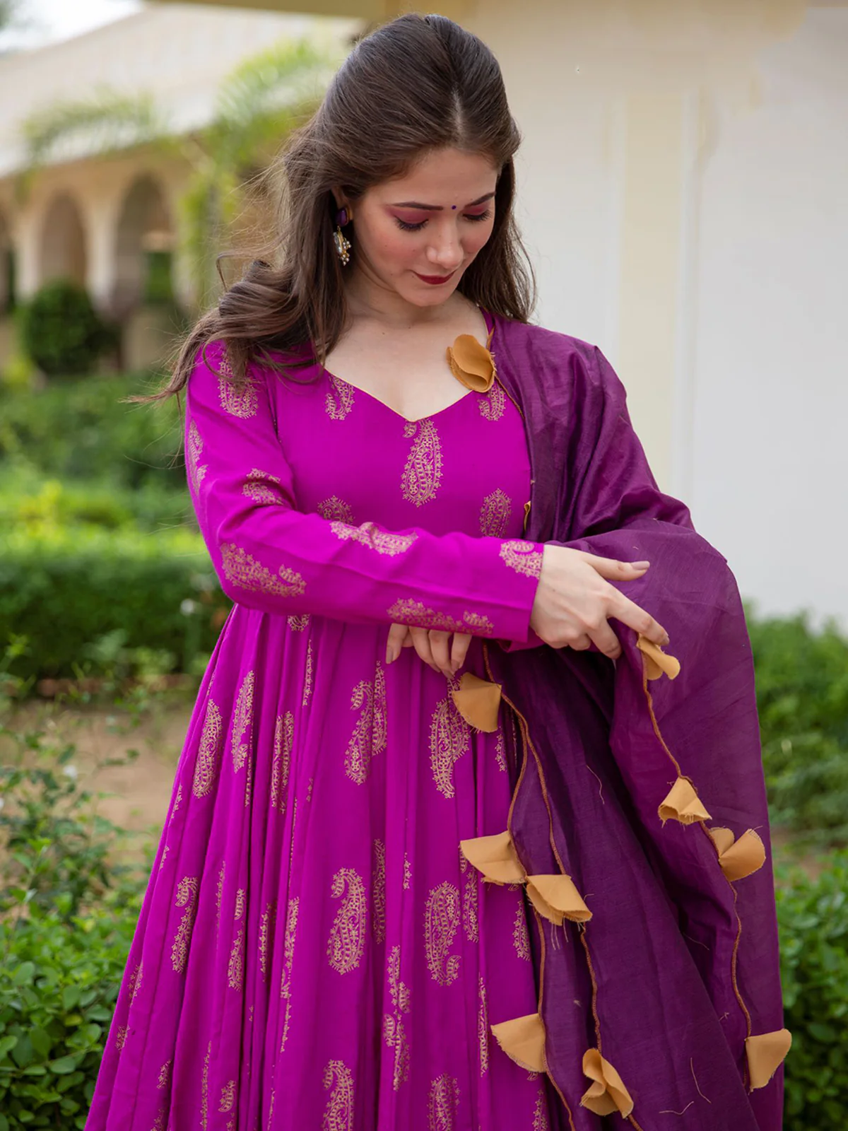 Odette Purple Rayon Gold Foil Work Gown with Dupatta for Women - Image 5