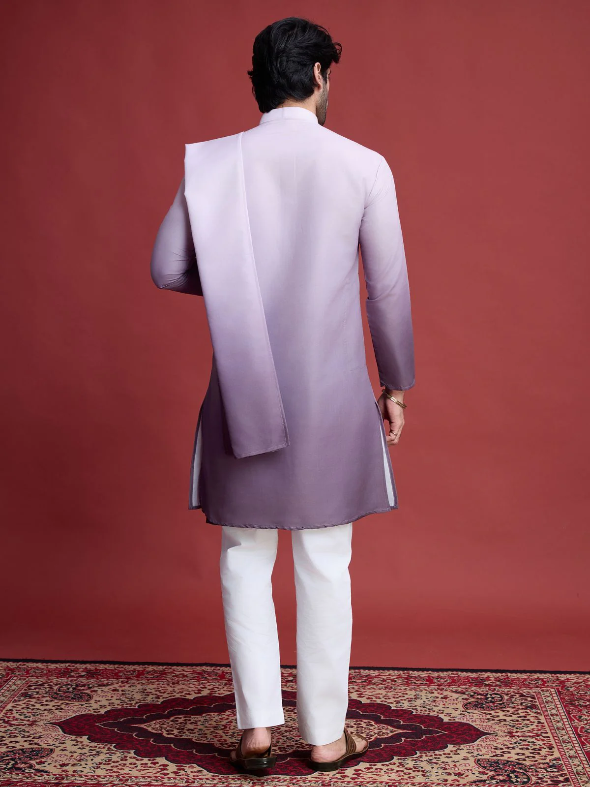Odette Purple Rayon Mirror Work Stitched Kurta With Dupatta For Men - Image 3