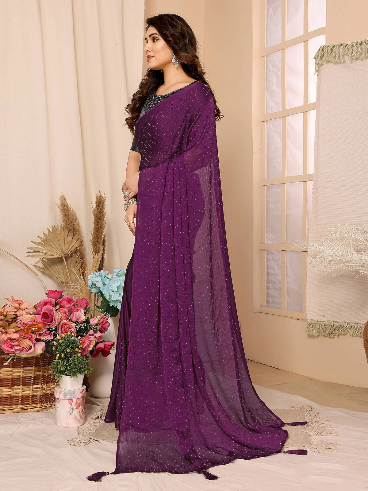 Odette Purple Satin Chiffon Embellished Saree With Unstitched Blouse For Women - Image 2