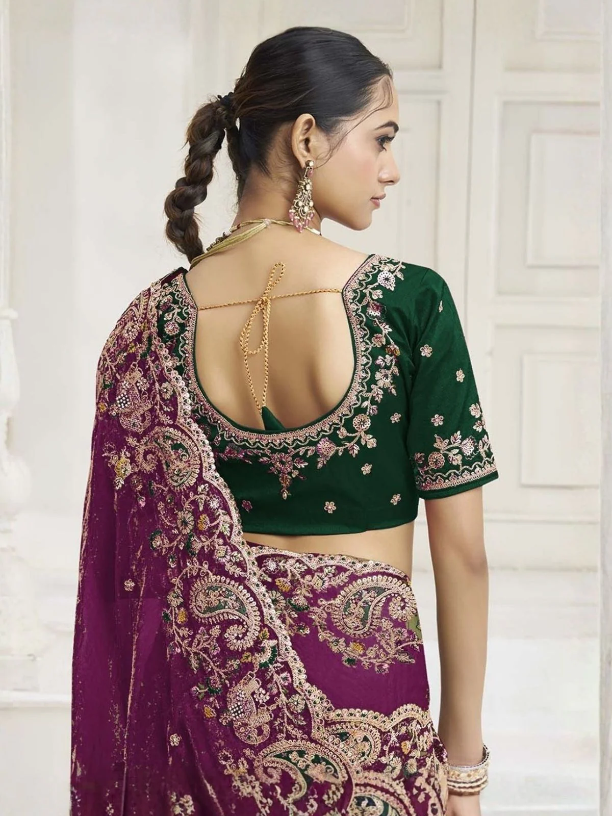 Odette Purple Satin Embroidered Saree For Women - Image 3