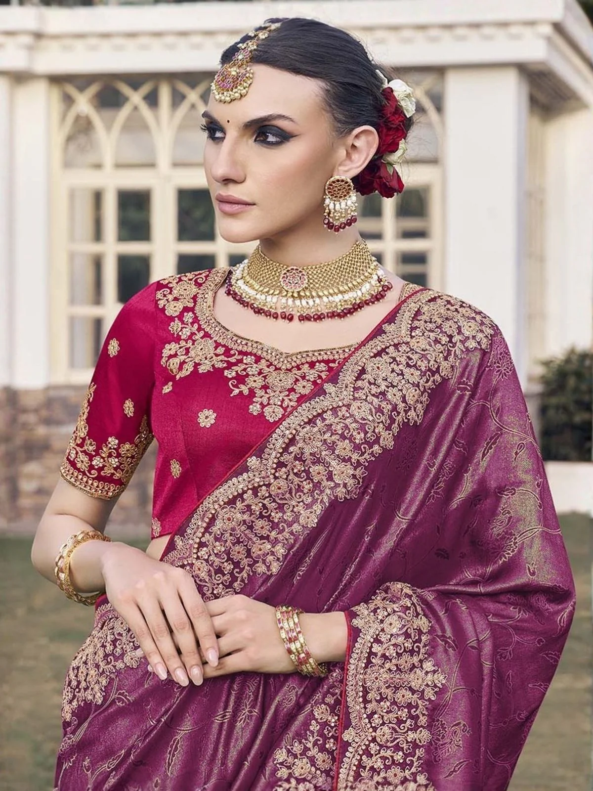 Odette Purple Satin Embroidered Saree For Women - Image 2
