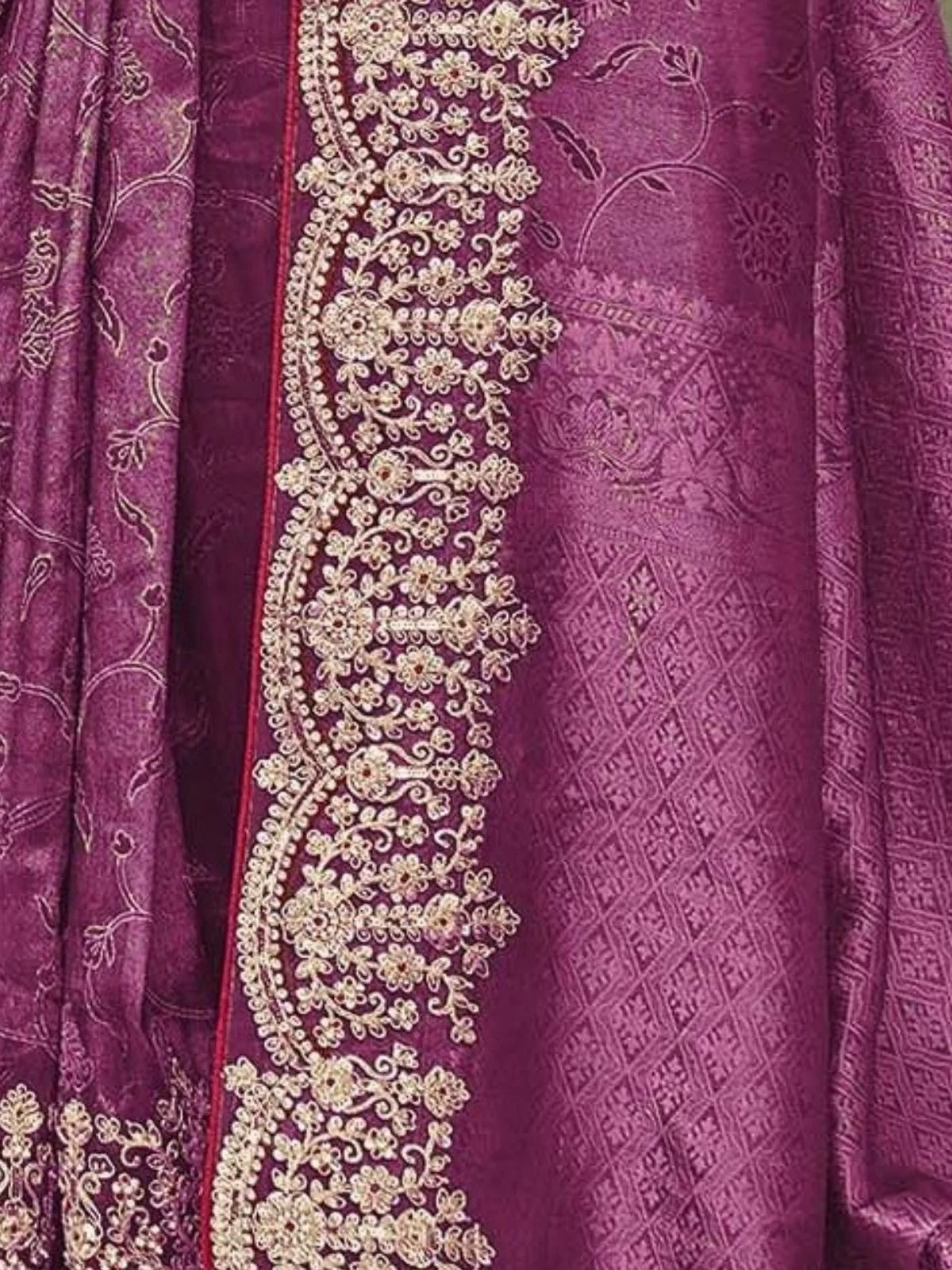 Odette Purple Satin Embroidered Saree For Women - Image 3