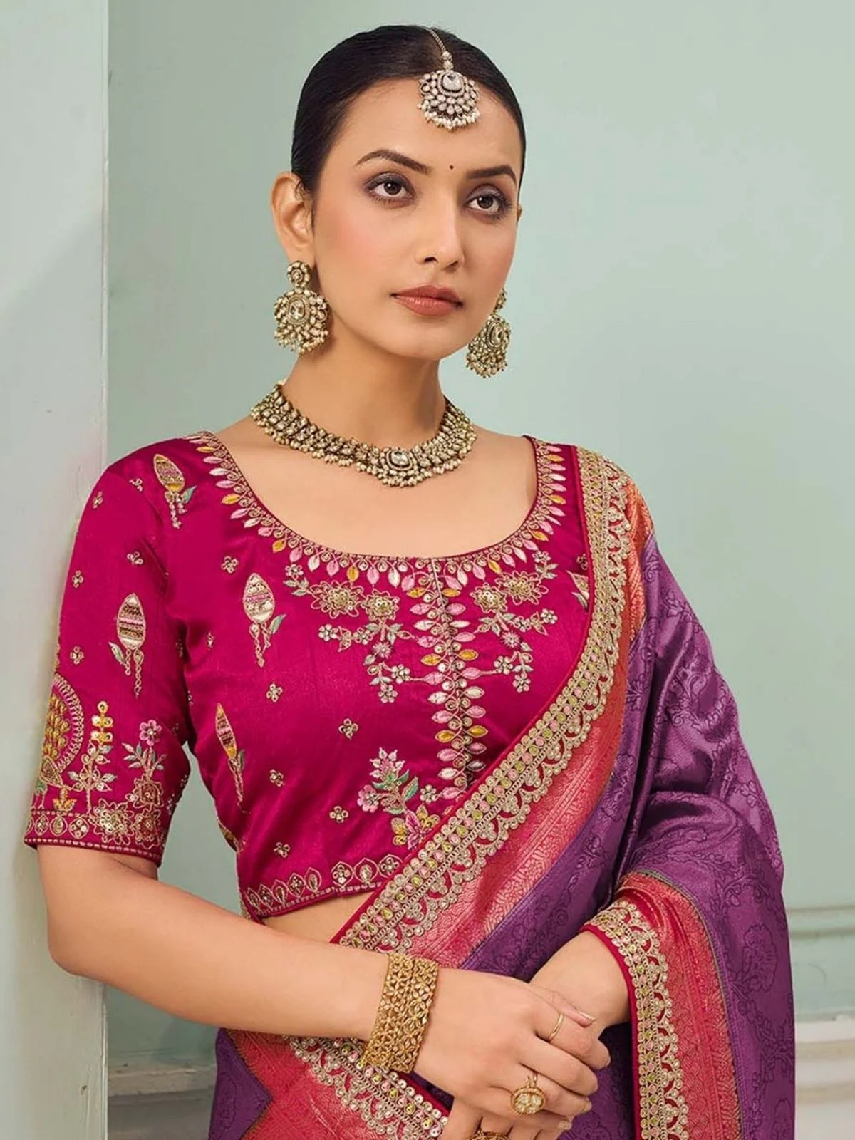Odette Purple Satin Embroidered Saree For Women - Image 2