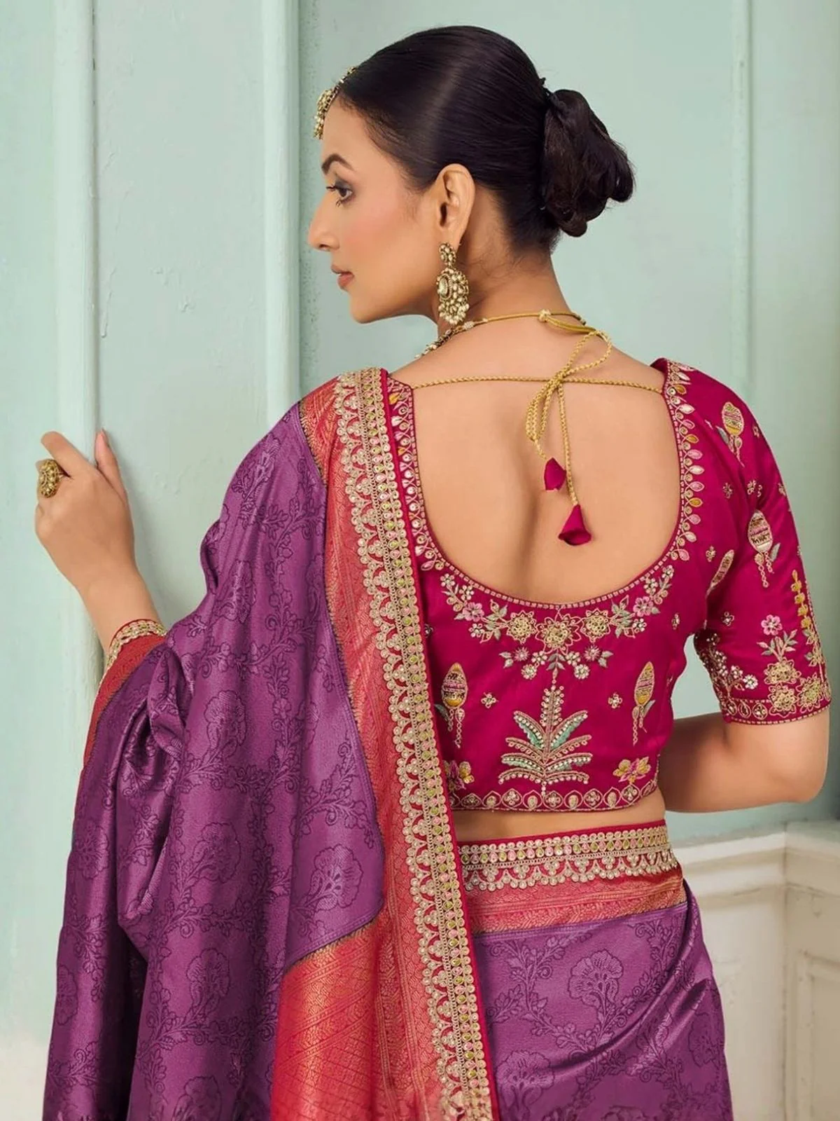 Odette Purple Satin Embroidered Saree For Women - Image 3