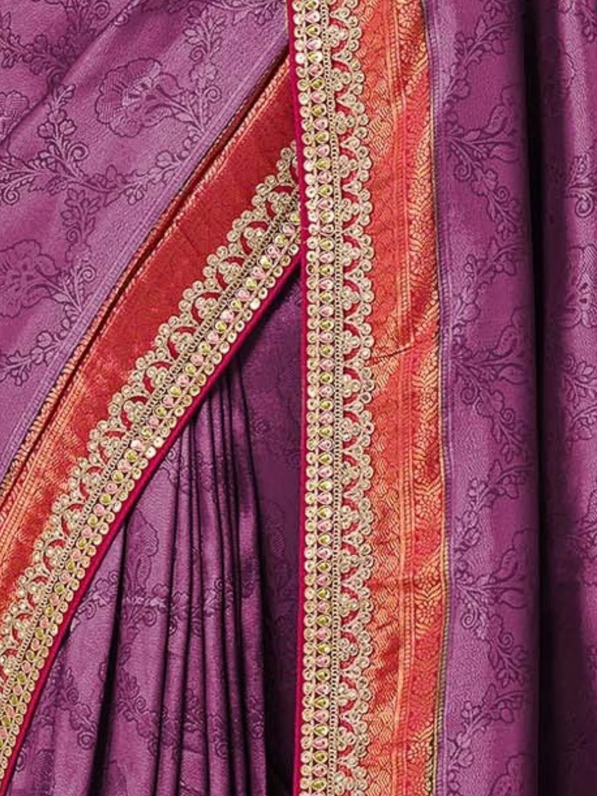 Odette Purple Satin Embroidered Saree For Women - Image 4
