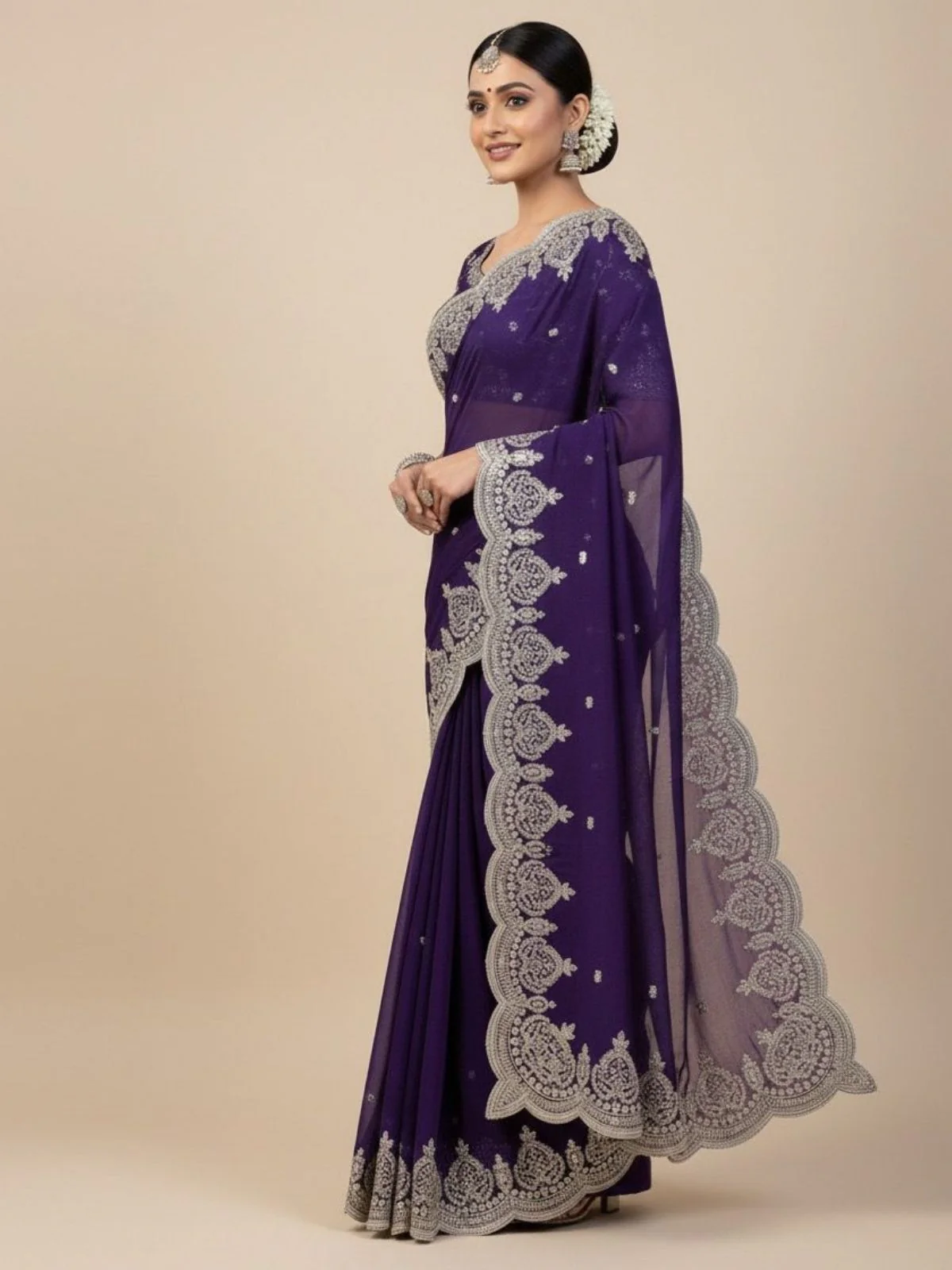 Odette Purple Satin Embroidered Solid Saree For Women - Image 2