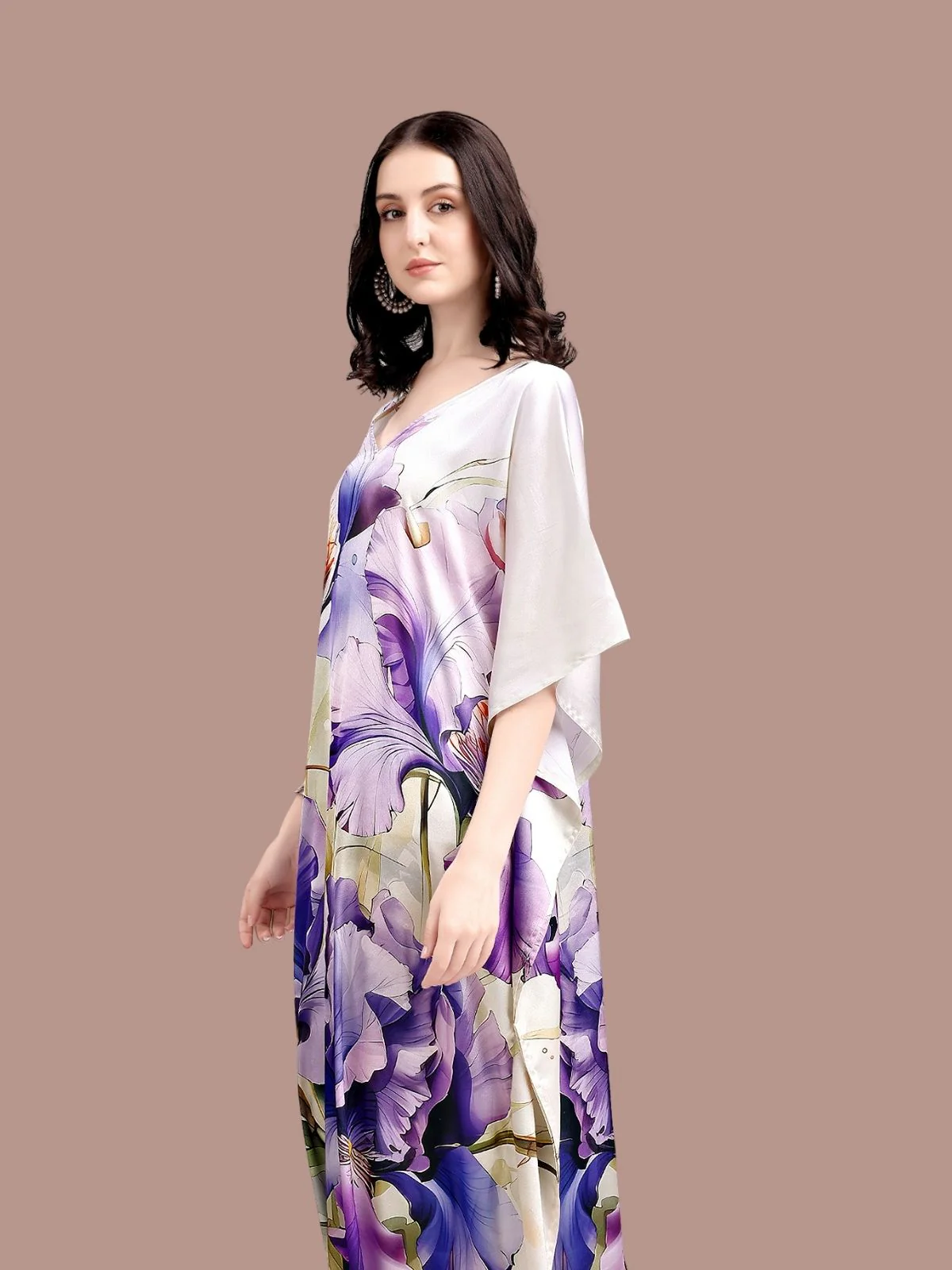 Odette Purple Satin Printed Kaftan For Women - Image 4