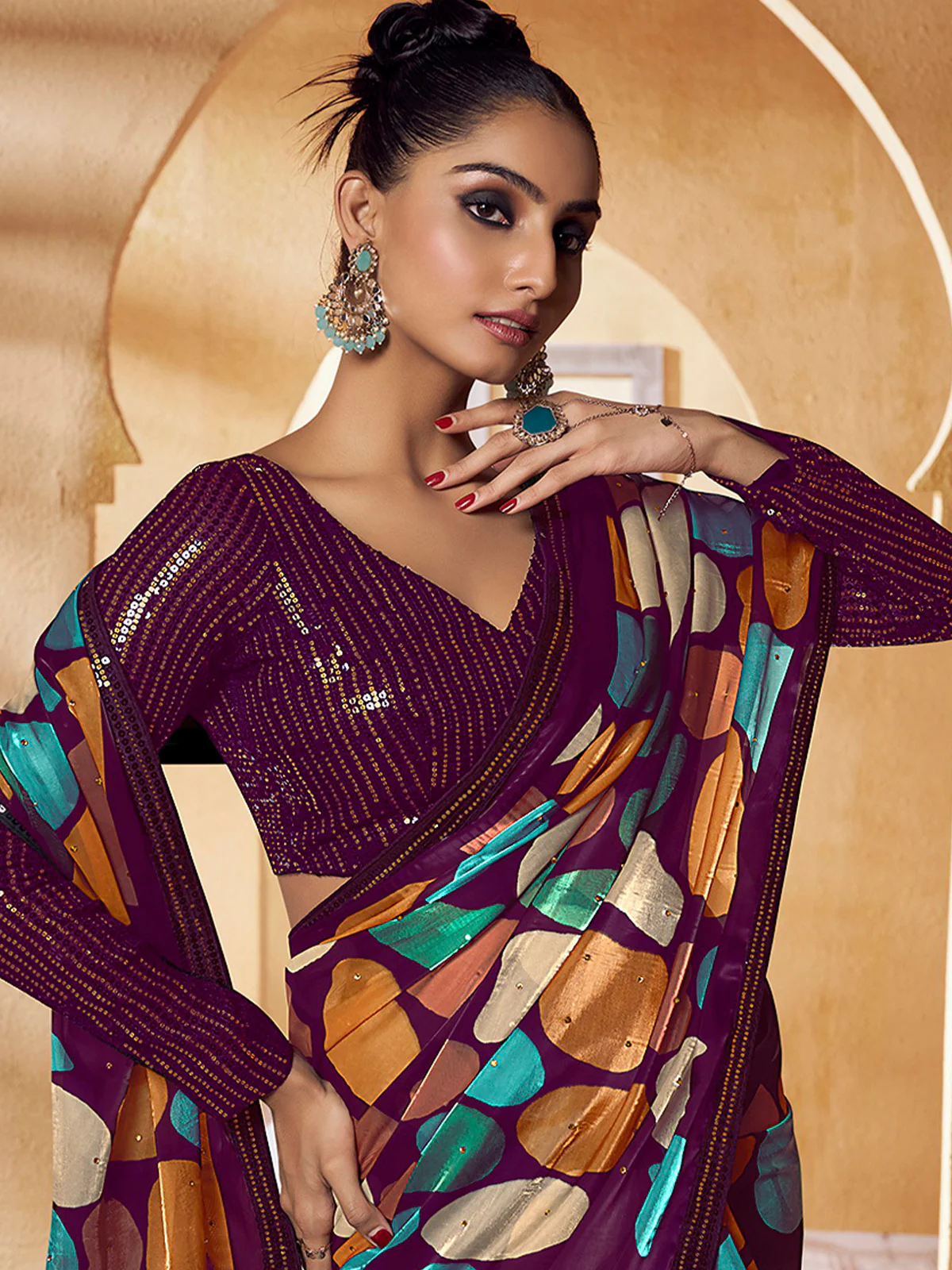 Odette Purple Satin Printed Saree with Unstitched Blouse For Women - Image 2