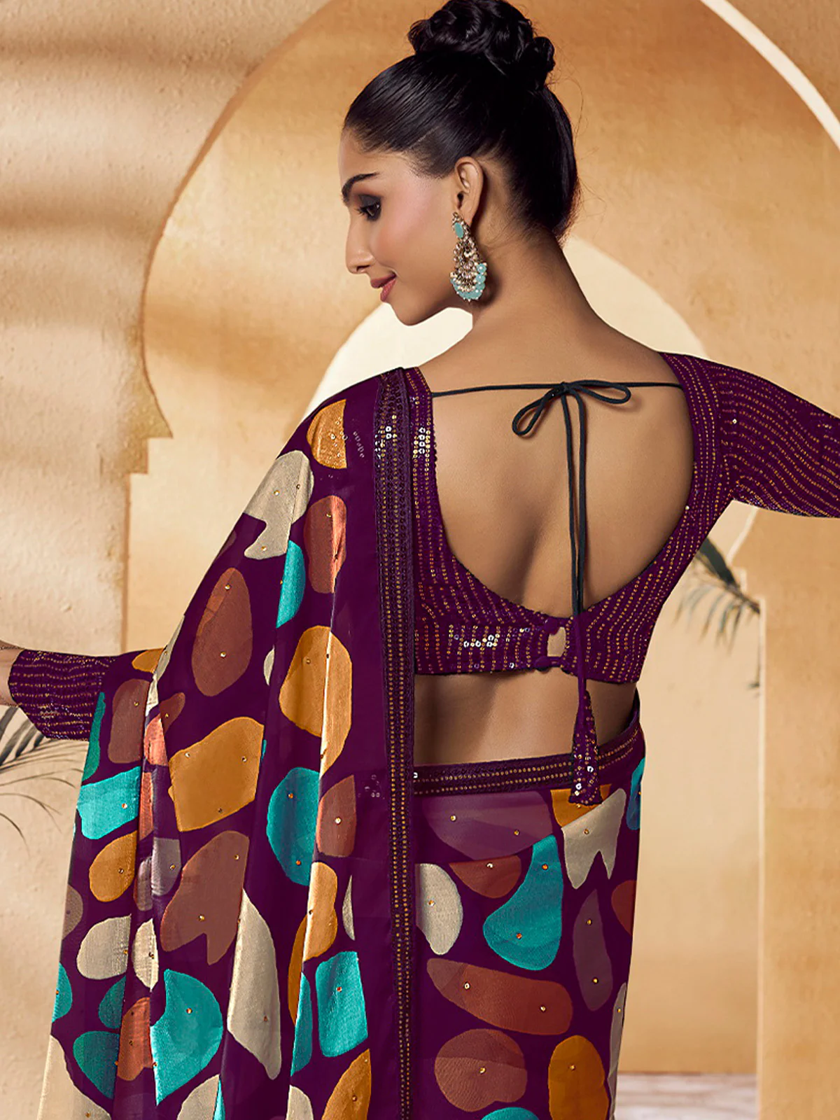 Odette Purple Satin Printed Saree with Unstitched Blouse For Women - Image 3