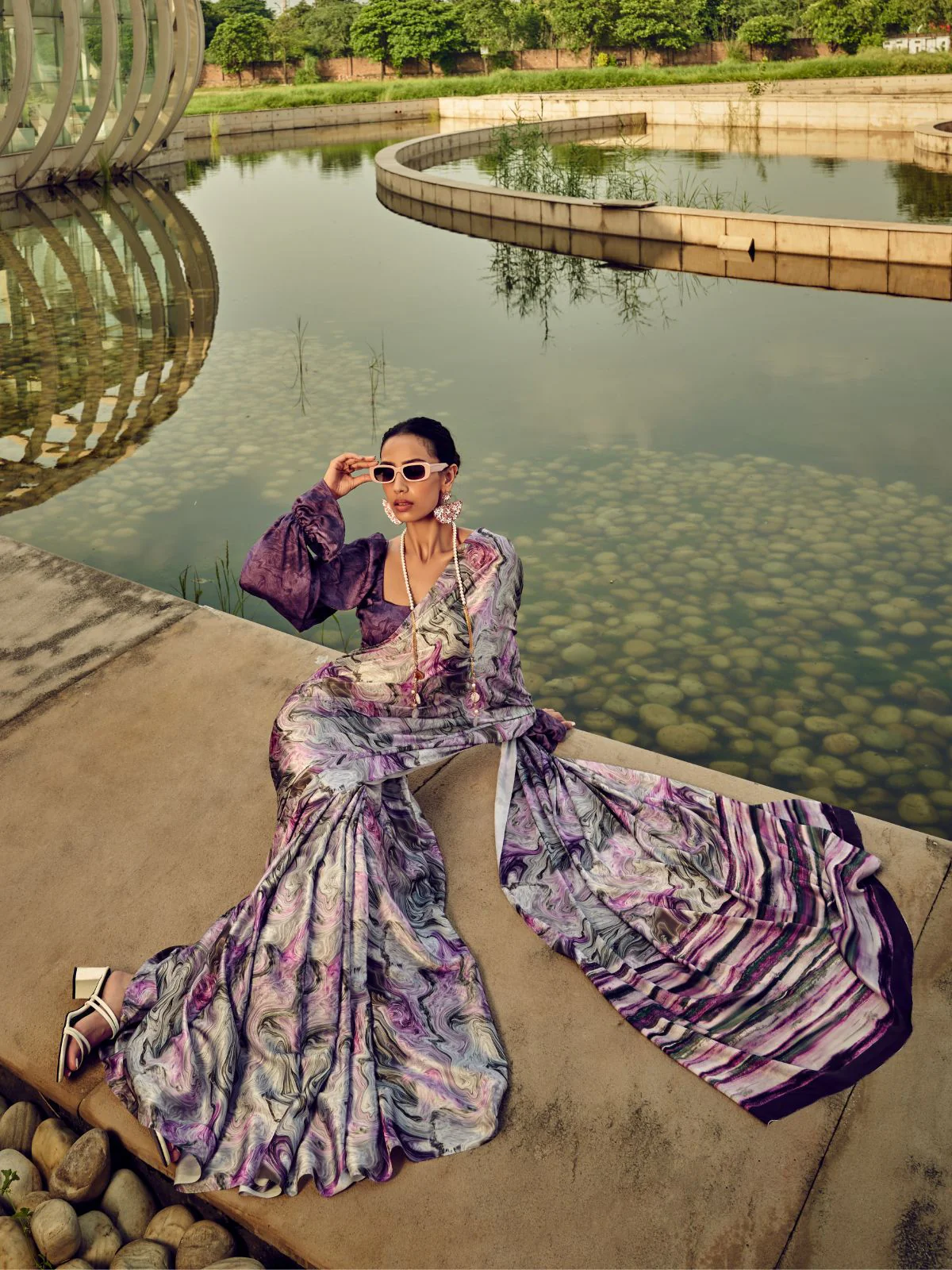 Odette Purple Satin Printed Saree With Unstitched Blouse For Women - Image 2