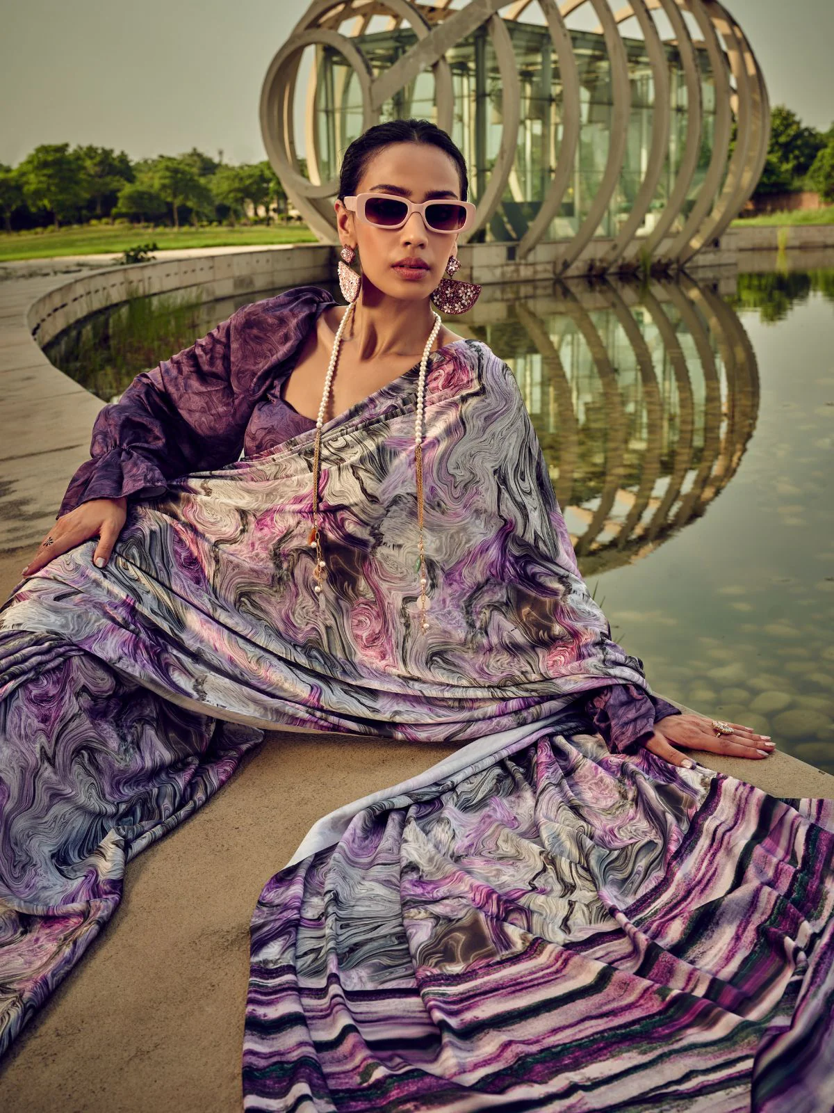 Odette Purple Satin Printed Saree With Unstitched Blouse For Women - Image 3