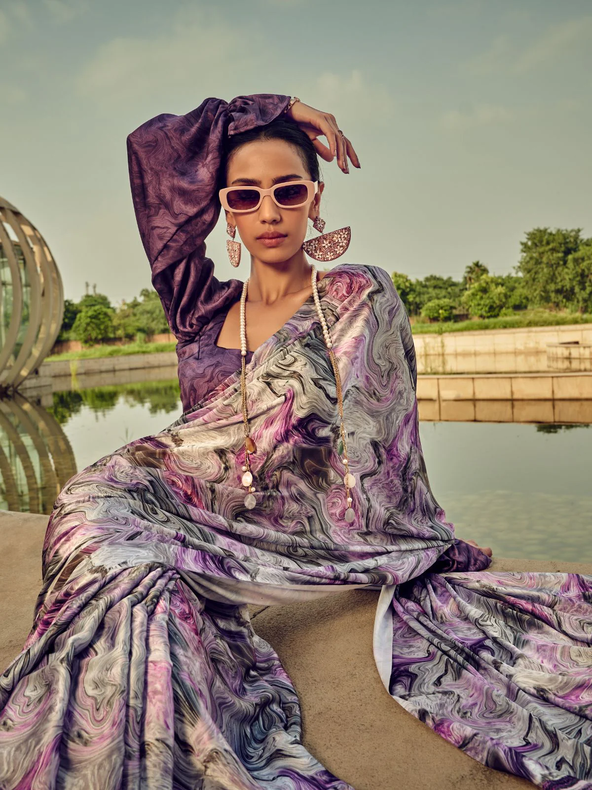 Odette Purple Satin Printed Saree With Unstitched Blouse For Women - Image 4