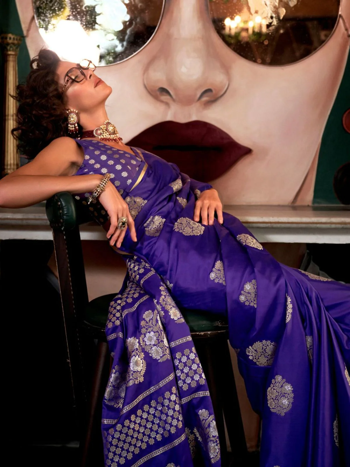Odette Purple Satin Woven Saree With Unstitched Blouse For Women - Image 2