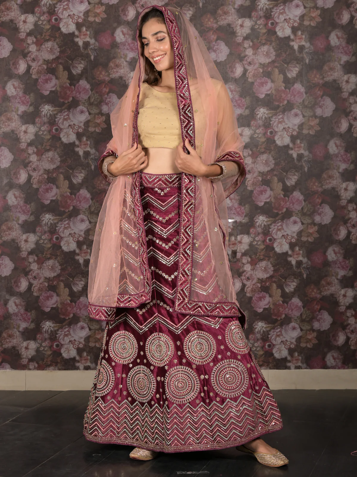 Odette Purple Semi stitched Sequins Embroidered Velvet Lehenga with Unstitched Blouse And Dupatta For Women - Image 2