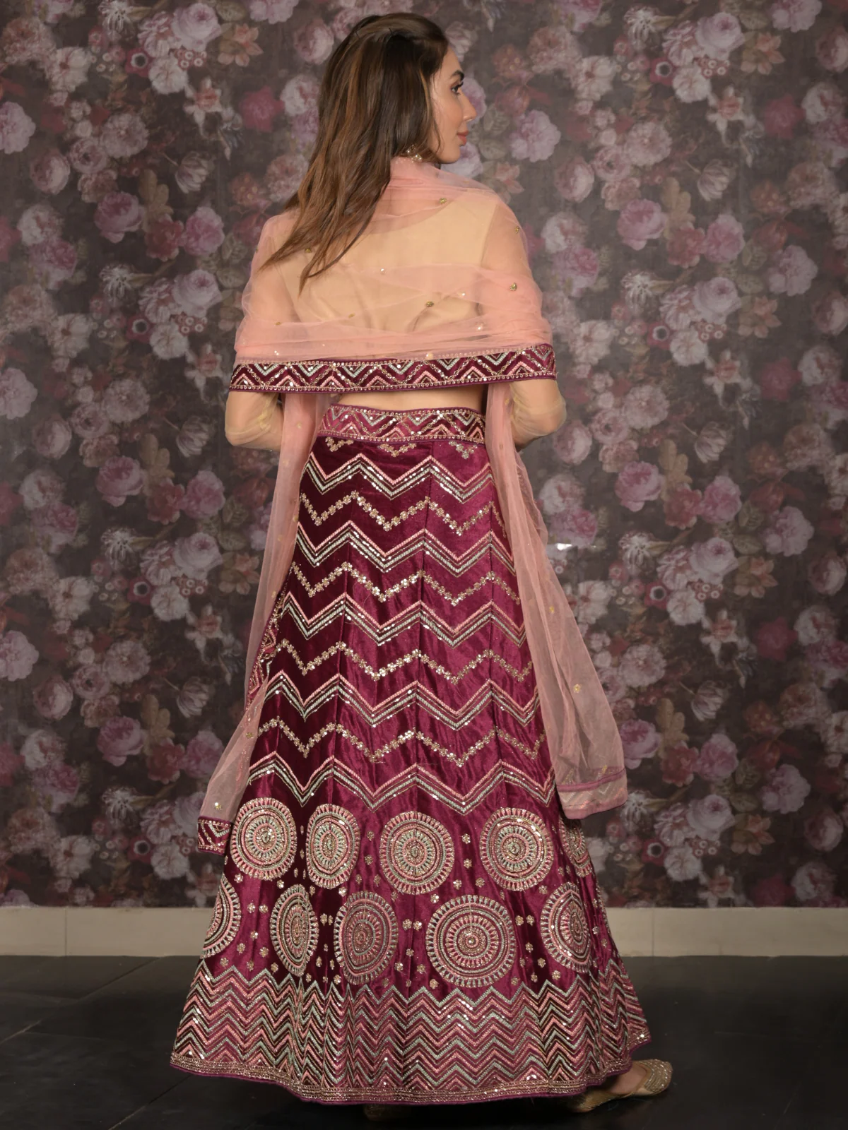 Odette Purple Semi stitched Sequins Embroidered Velvet Lehenga with Unstitched Blouse And Dupatta For Women - Image 4