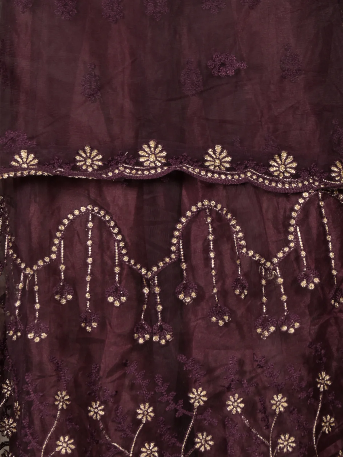 Odette Purple Semi Stitched Thread Embroidered Net Lehenga with Unstitched Blouse And Dupatta For Women - Image 5