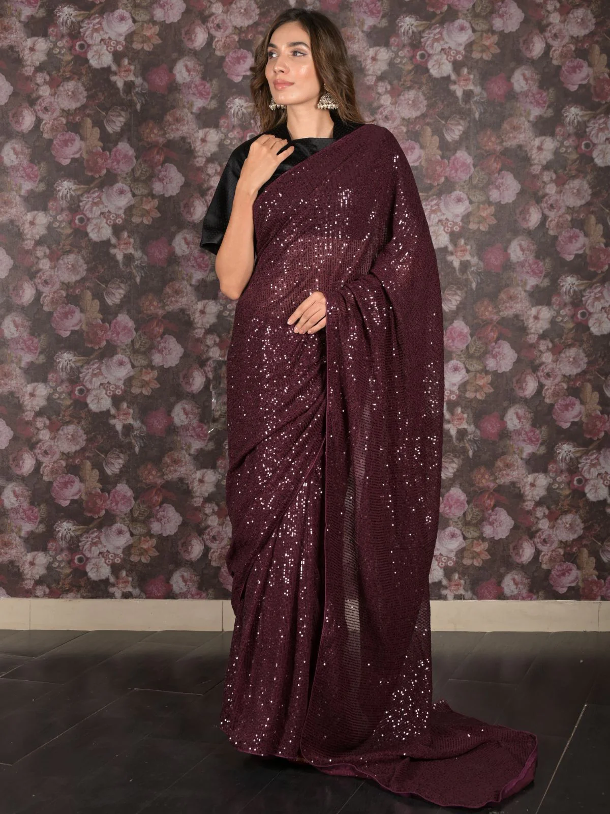 Odette Purple Sequin Embroidered Net Saree With Unstitched Blouse For Women - Image 2