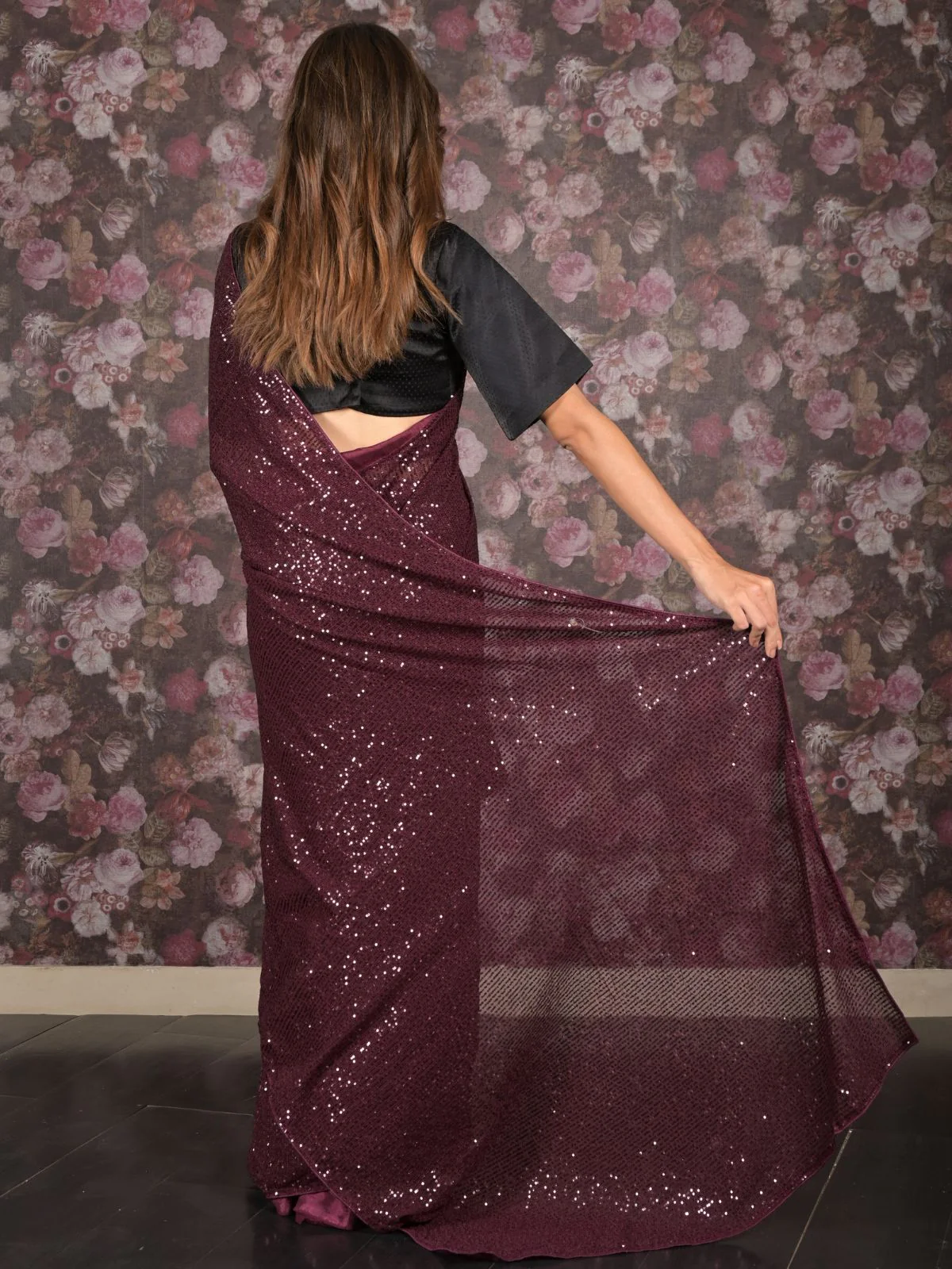 Odette Purple Sequin Embroidered Net Saree With Unstitched Blouse For Women - Image 4