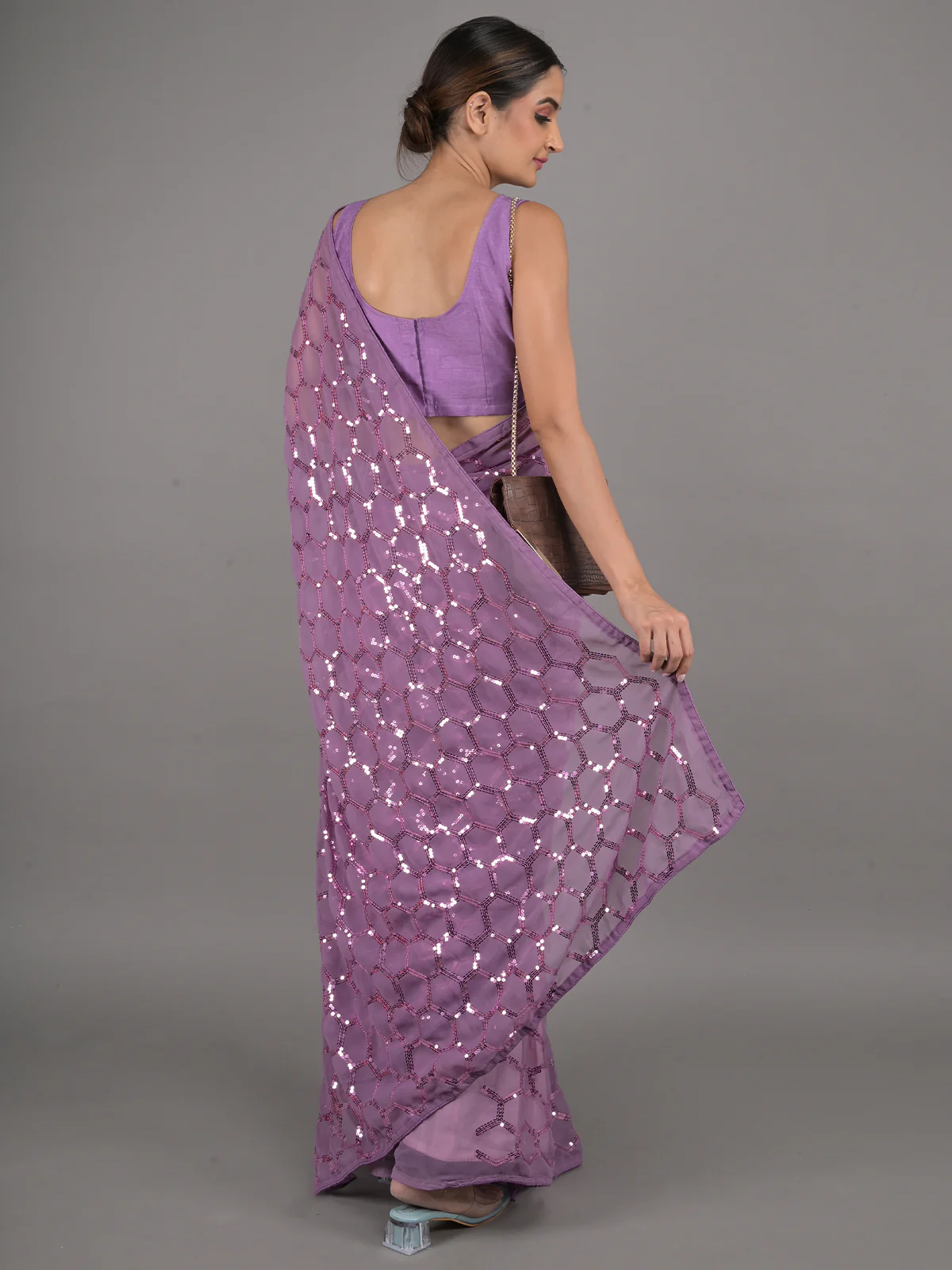 Odette Purple Sequins Embellished Georgette Saree with Unstitched Blouse for Women - Image 3