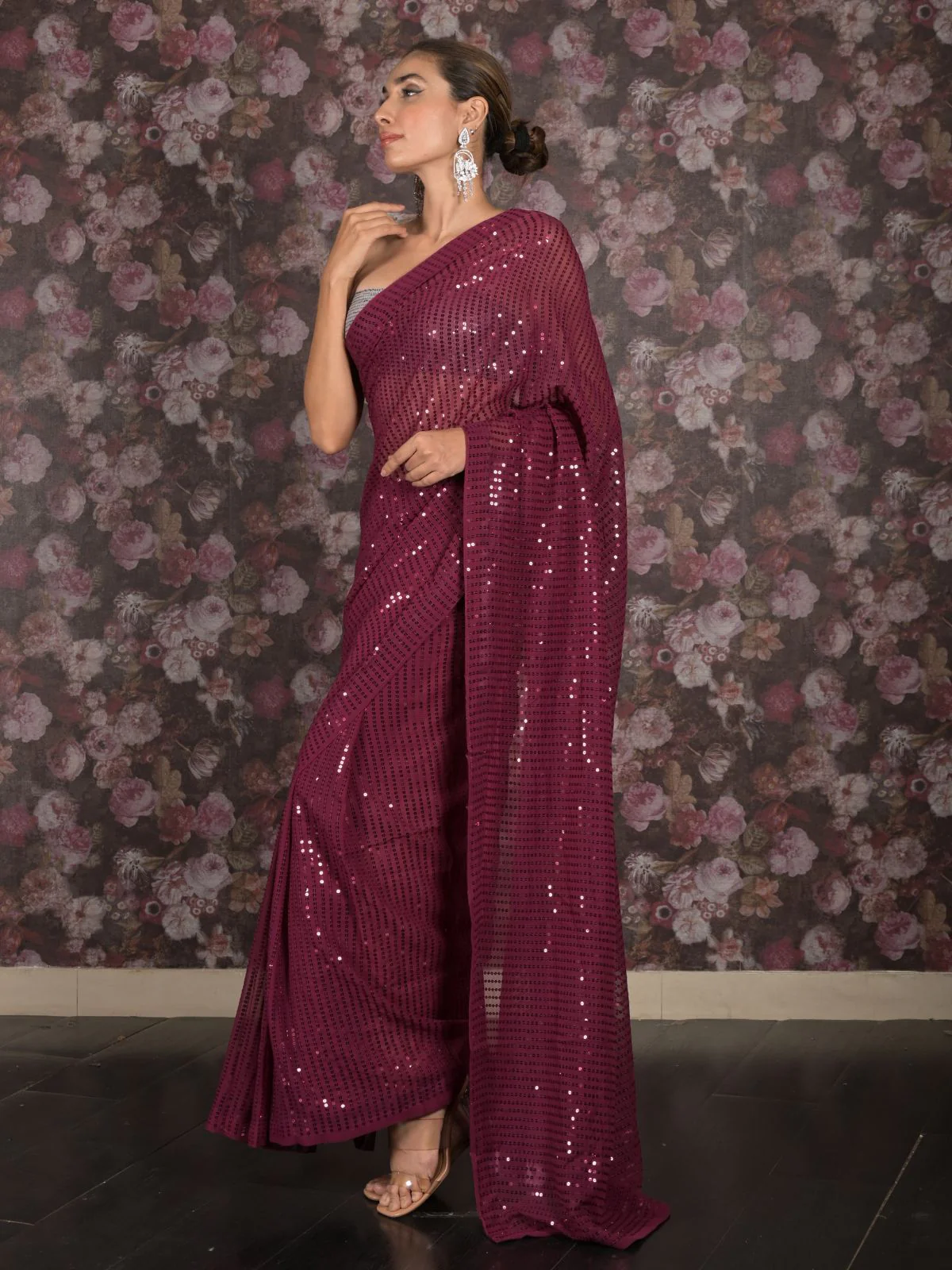 Odette Purple Sequins Embroidered Georgette Saree with Unstitched Blouse for Women - Image 3
