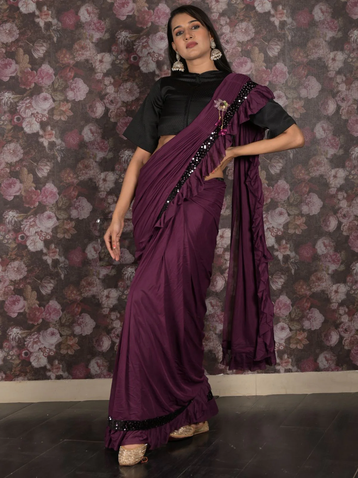 Odette Purple Sequins Embroidered Polyester Ruffles Saree with Unstitched Blouse for Women - Image 2
