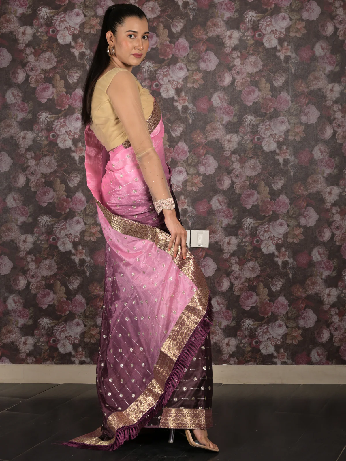 Odette Purple Shimmer Embellished Shaded Crepe Saree with Unstitched Blouse for Women - Image 3