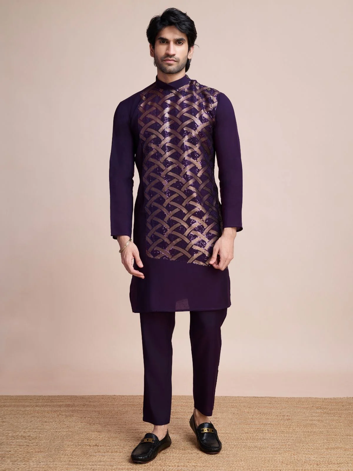 Odette Purple Silk Blend Embellished Stitched Kurta With Pant For Men - Image 2