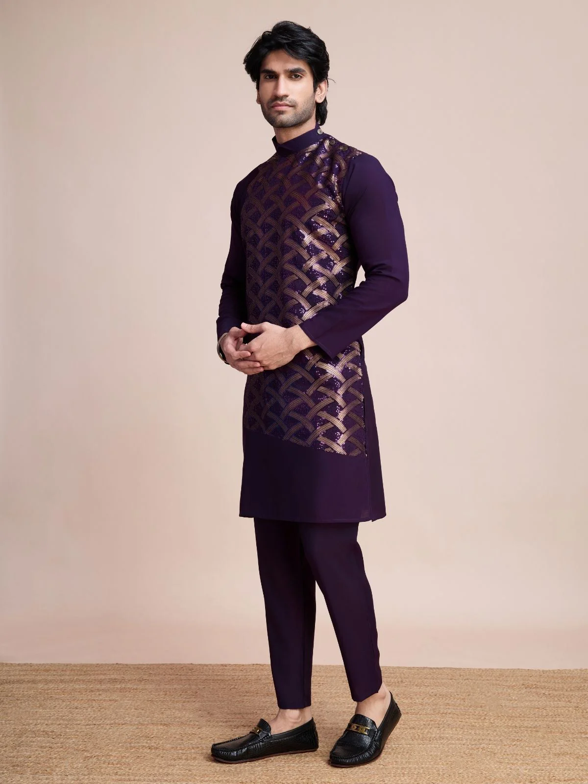 Odette Purple Silk Blend Embellished Stitched Kurta With Pant For Men - Image 3