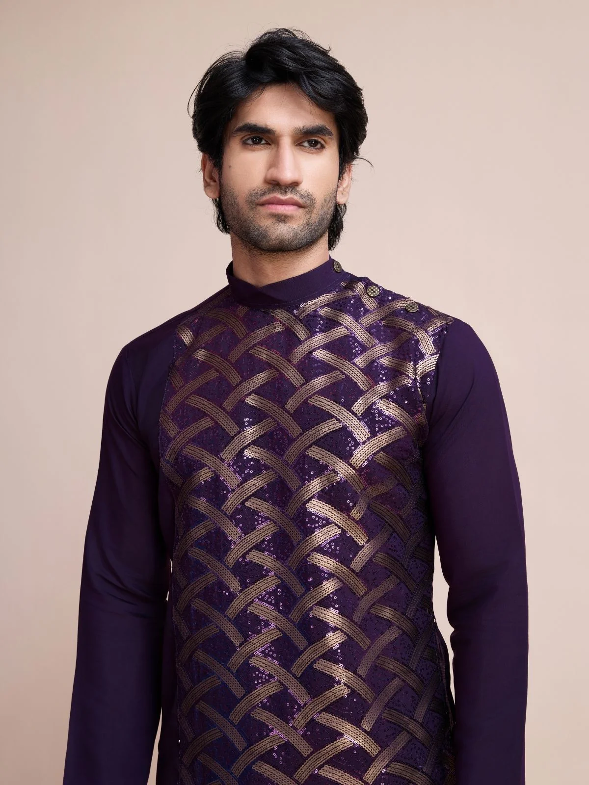 Odette Purple Silk Blend Embellished Stitched Kurta With Pant For Men - Image 5