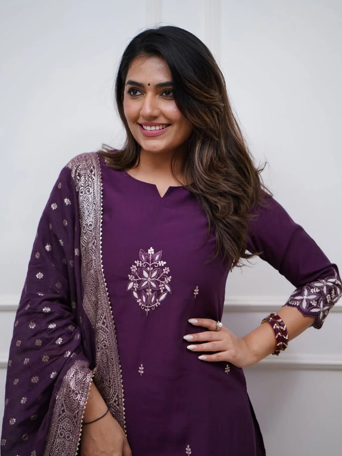 Odette Purple Silk Blend Embriodered Stitched Kurta Set For Women - Image 3