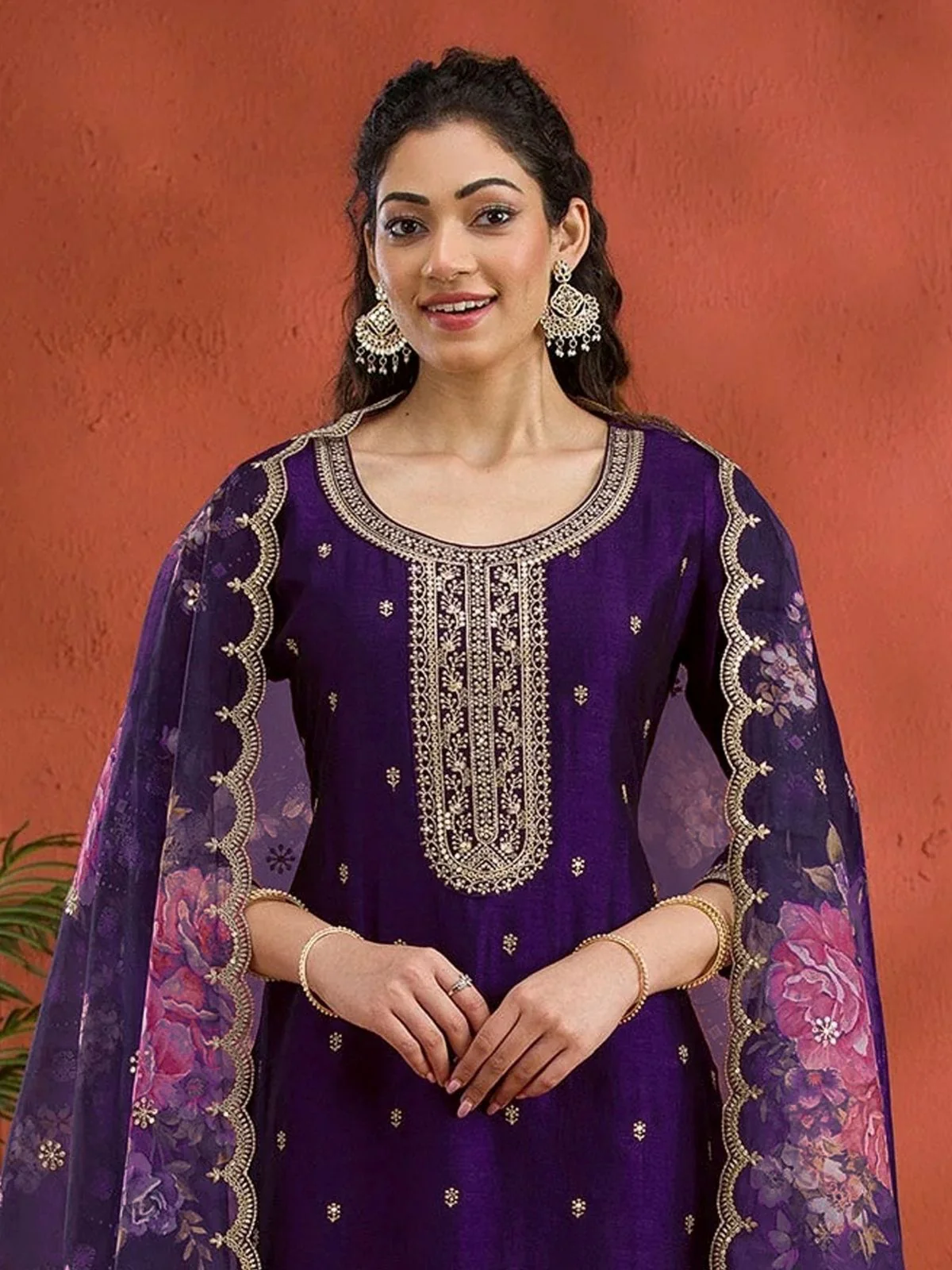 Odette Purple Silk Blend Embroidered Semi-Stitched Kurta Set For Women - Image 2
