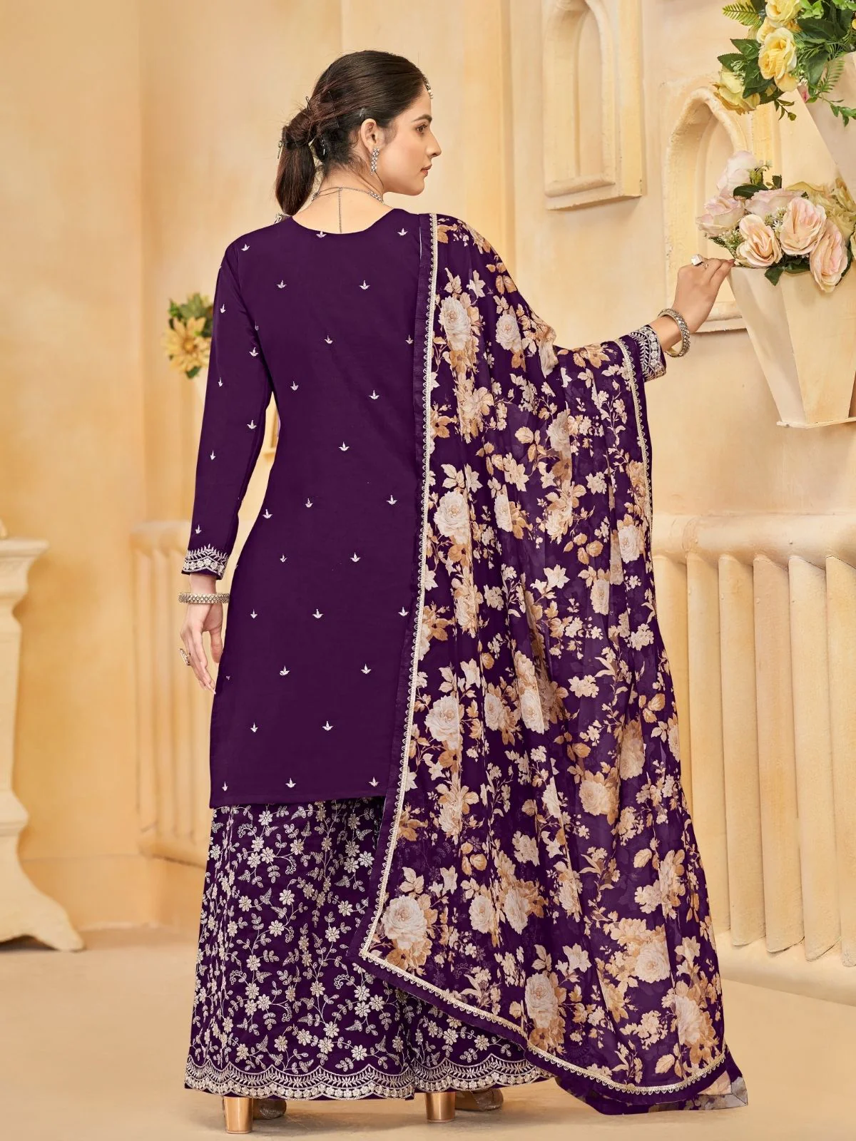 Odette Purple Silk Blend Embroidered Semi-Stiched Kurta Set For Women - Image 3