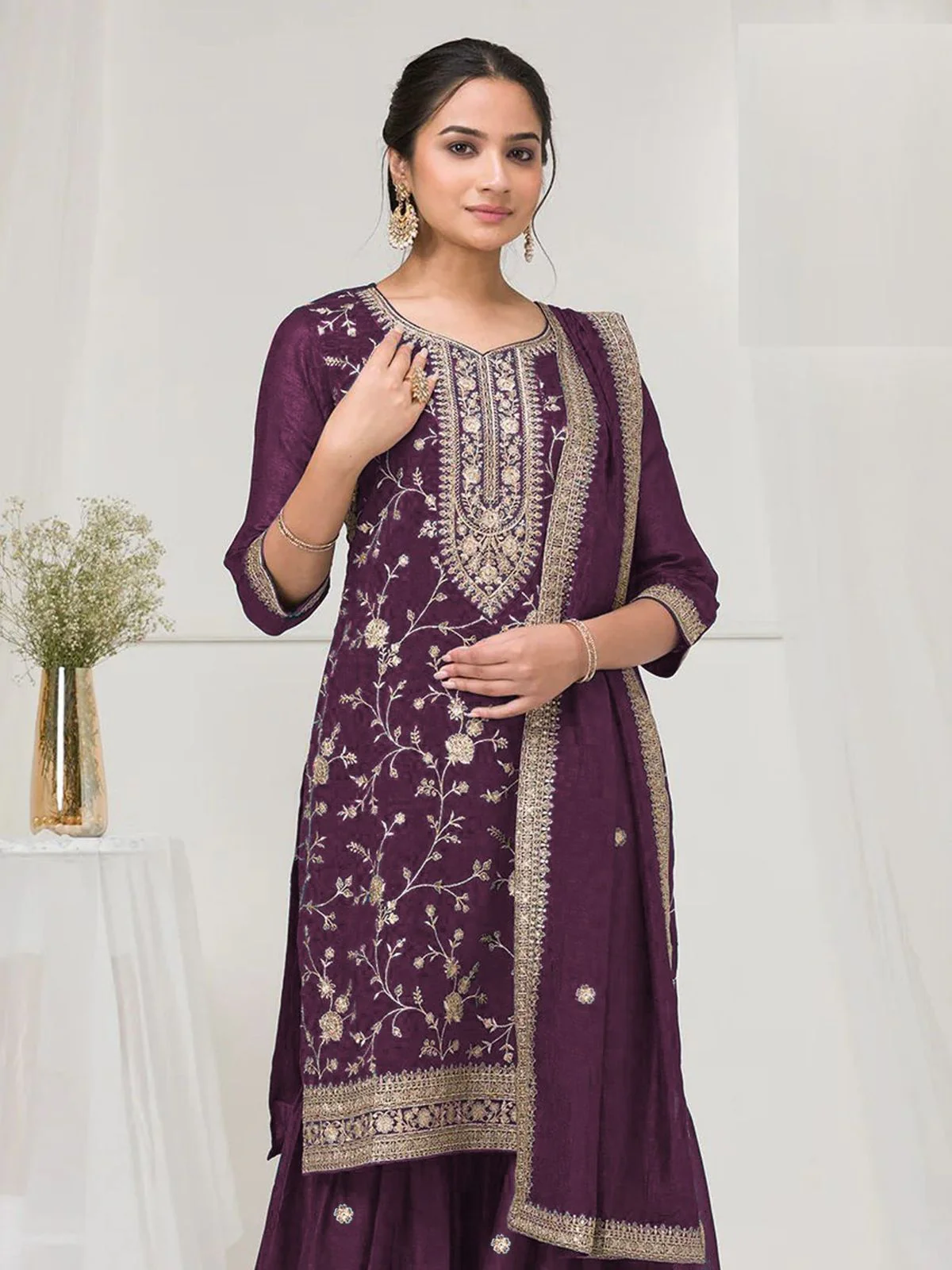 Odette Purple Silk Blend Embroidered Semi-Stitched Kurta Set For Women - Image 2