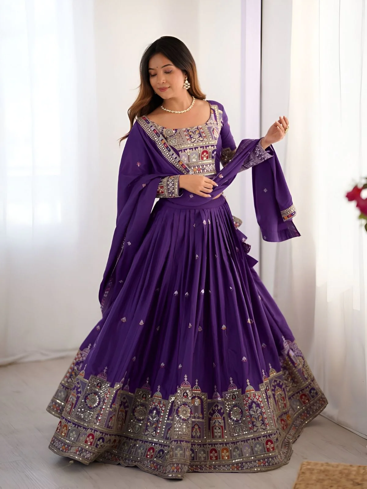 Odette Purple Silk Blend Embroidered Semi-Stitched lehenga For Women - Image 2