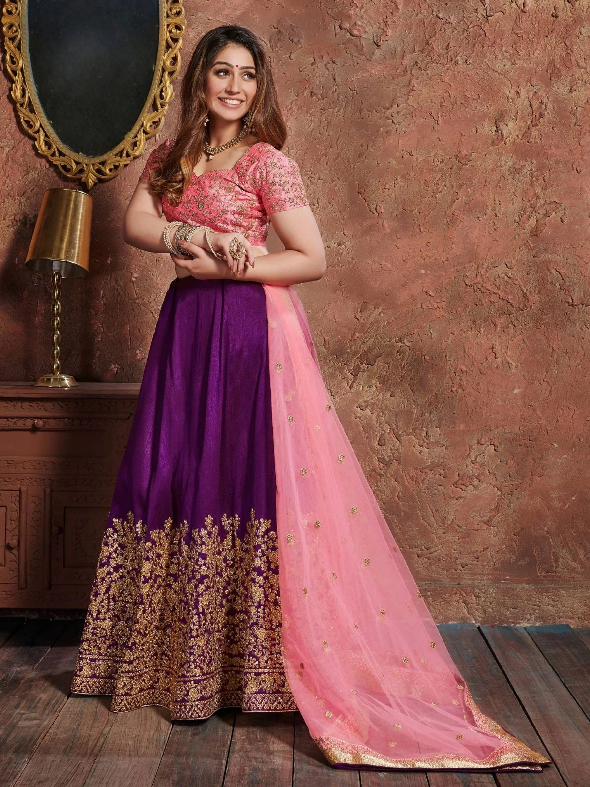 Odette Purple Silk Blend Embroidered Semi Stitched Lehenga With Blouse For Women - Image 2