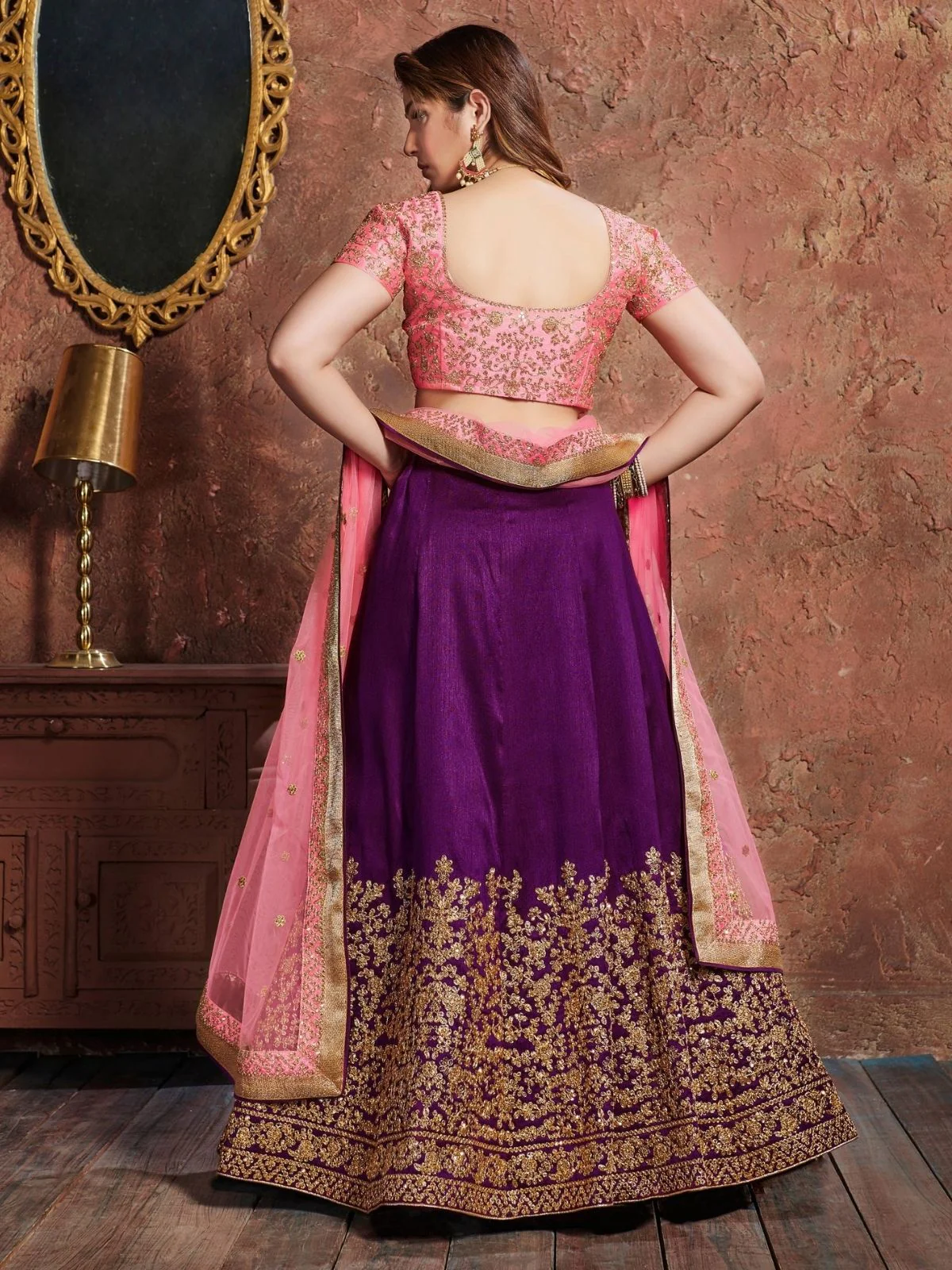 Odette Purple Silk Blend Embroidered Semi Stitched Lehenga With Blouse For Women - Image 3