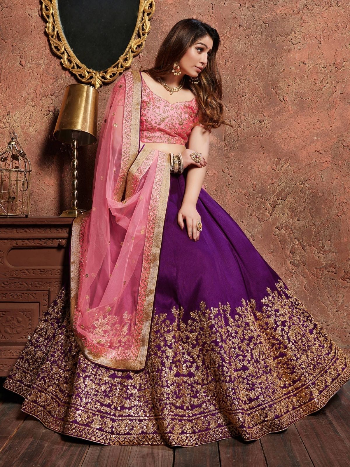 Odette Purple Silk Blend Embroidered Semi Stitched Lehenga With Blouse For Women - Image 4