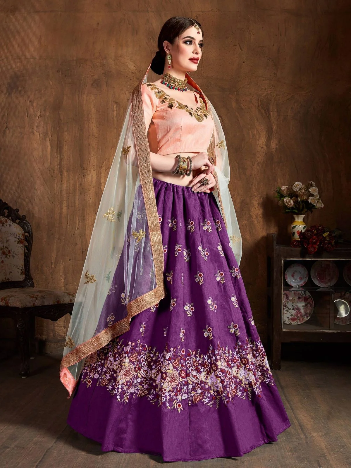 Odette Purple Silk Blend Embroidered Semi Stitched Lehenga With Blouse For Women - Image 2