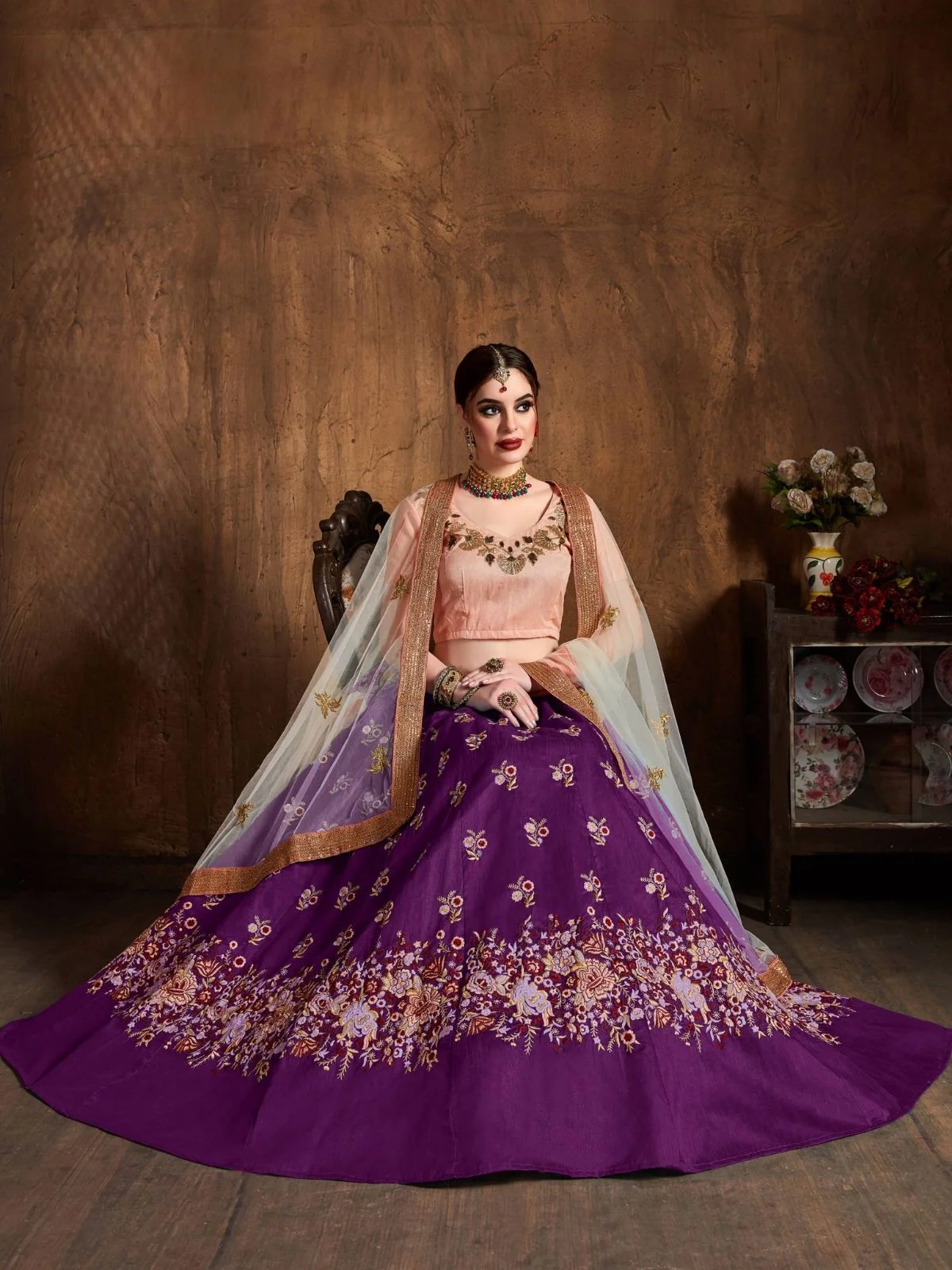 Odette Purple Silk Blend Embroidered Semi Stitched Lehenga With Blouse For Women - Image 4