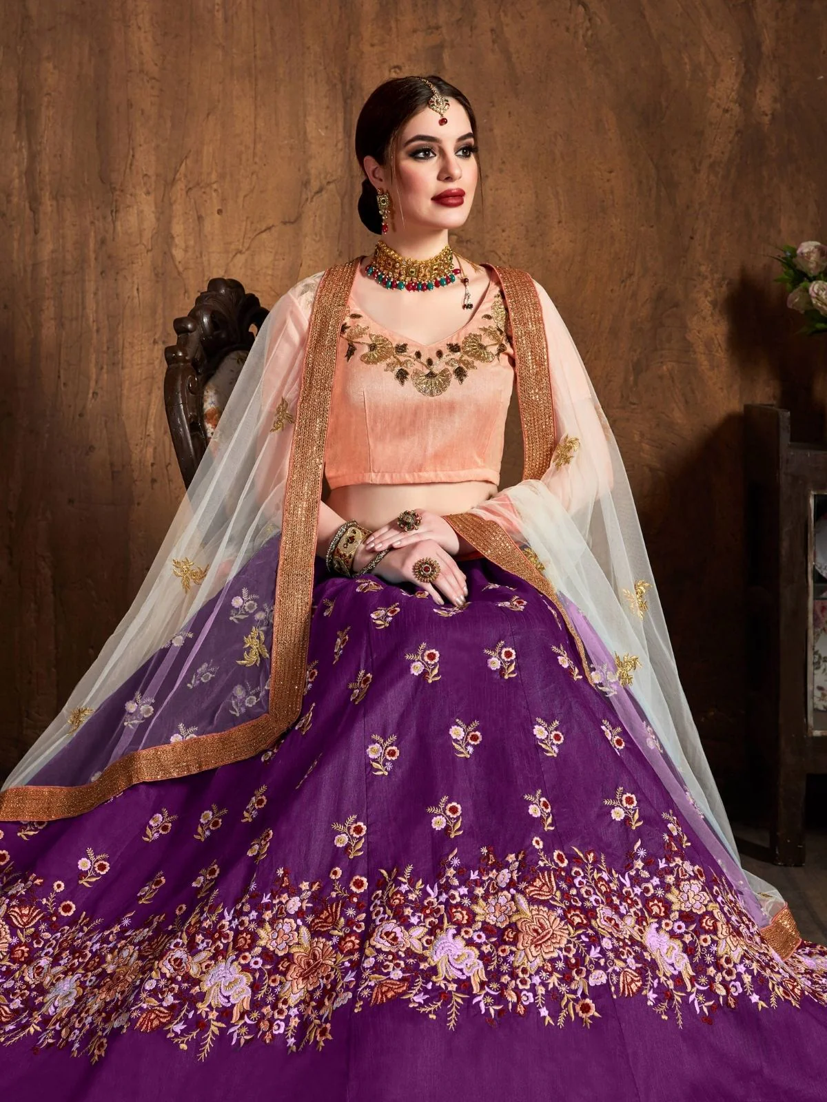 Odette Purple Silk Blend Embroidered Semi Stitched Lehenga With Blouse For Women - Image 5