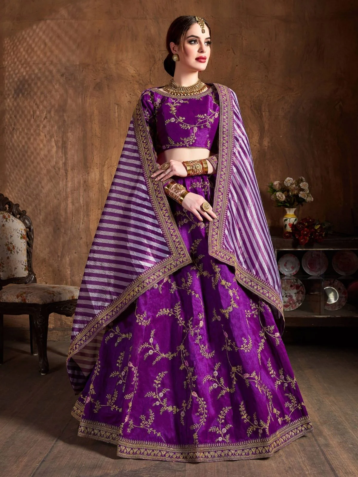 Odette Purple Silk Blend Embroidered Semi Stitched Lehenga With Blouse For Women - Image 2