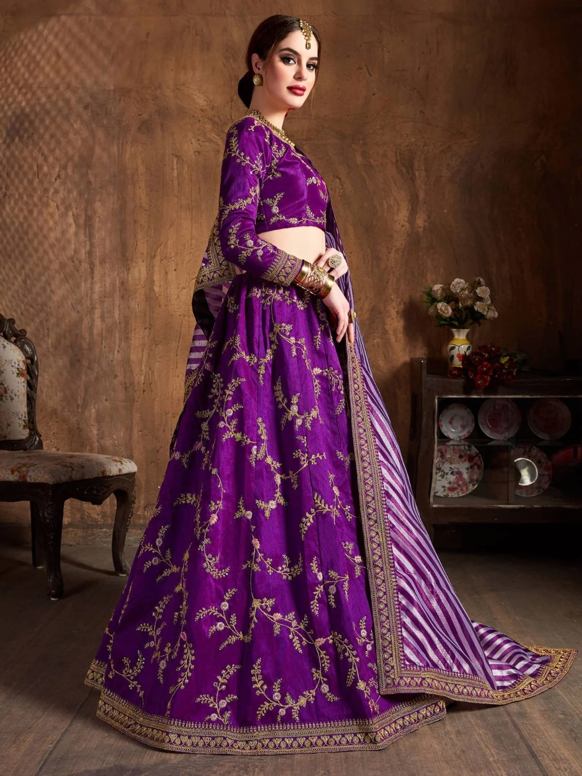 Odette Purple Silk Blend Embroidered Semi Stitched Lehenga With Blouse For Women - Image 3